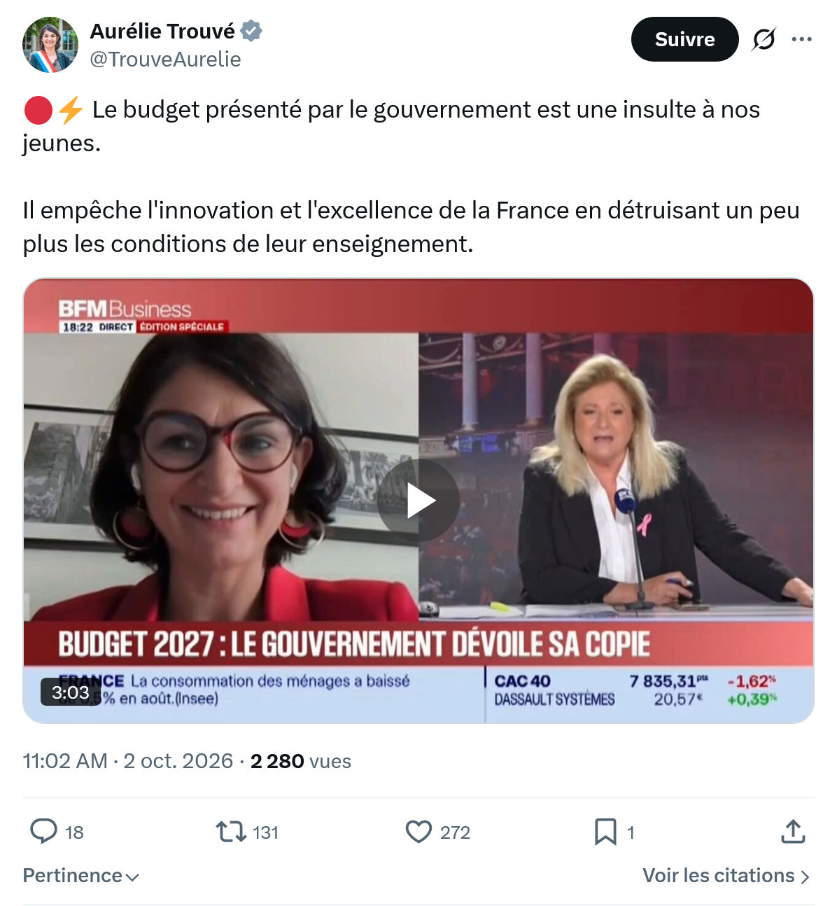 Aurélie Trouvé:  Le budget présenté par le gouvernement...