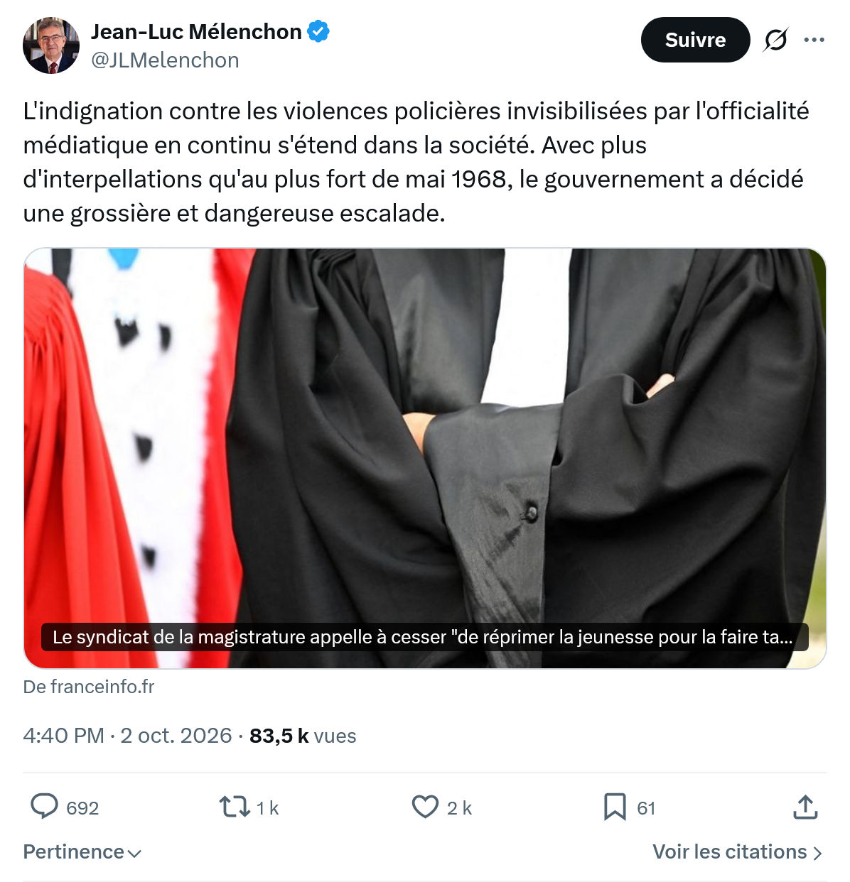 Jean-Luc Mélenchon: L'indignation contre les violences...