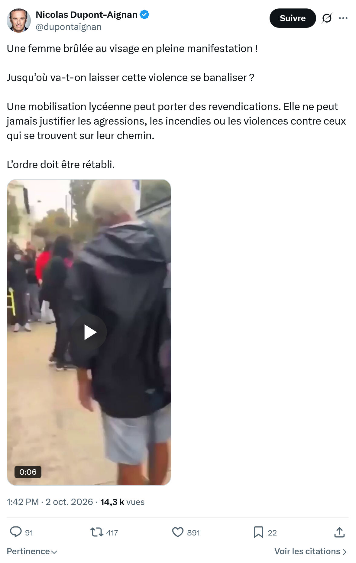 Nicolas Dupont-Aignan: Une femme brûlée...