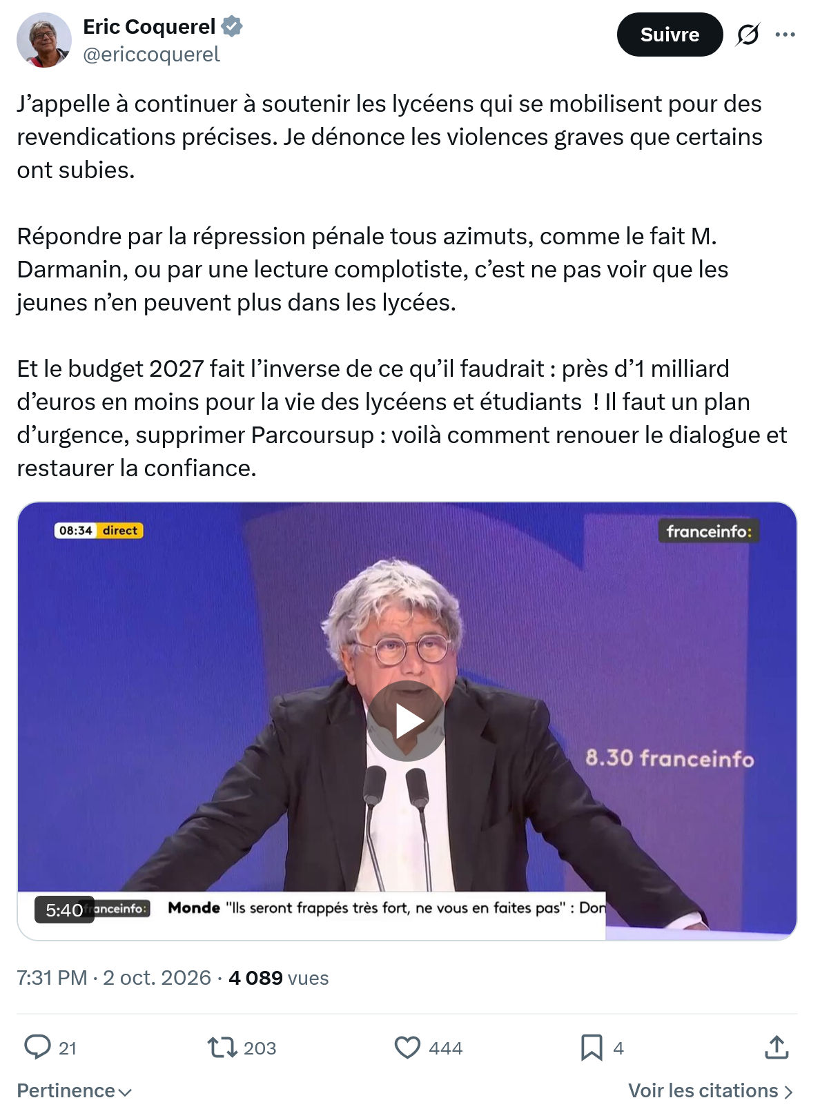 Eric Coquerel: J’appelle à continuer à soutenir...