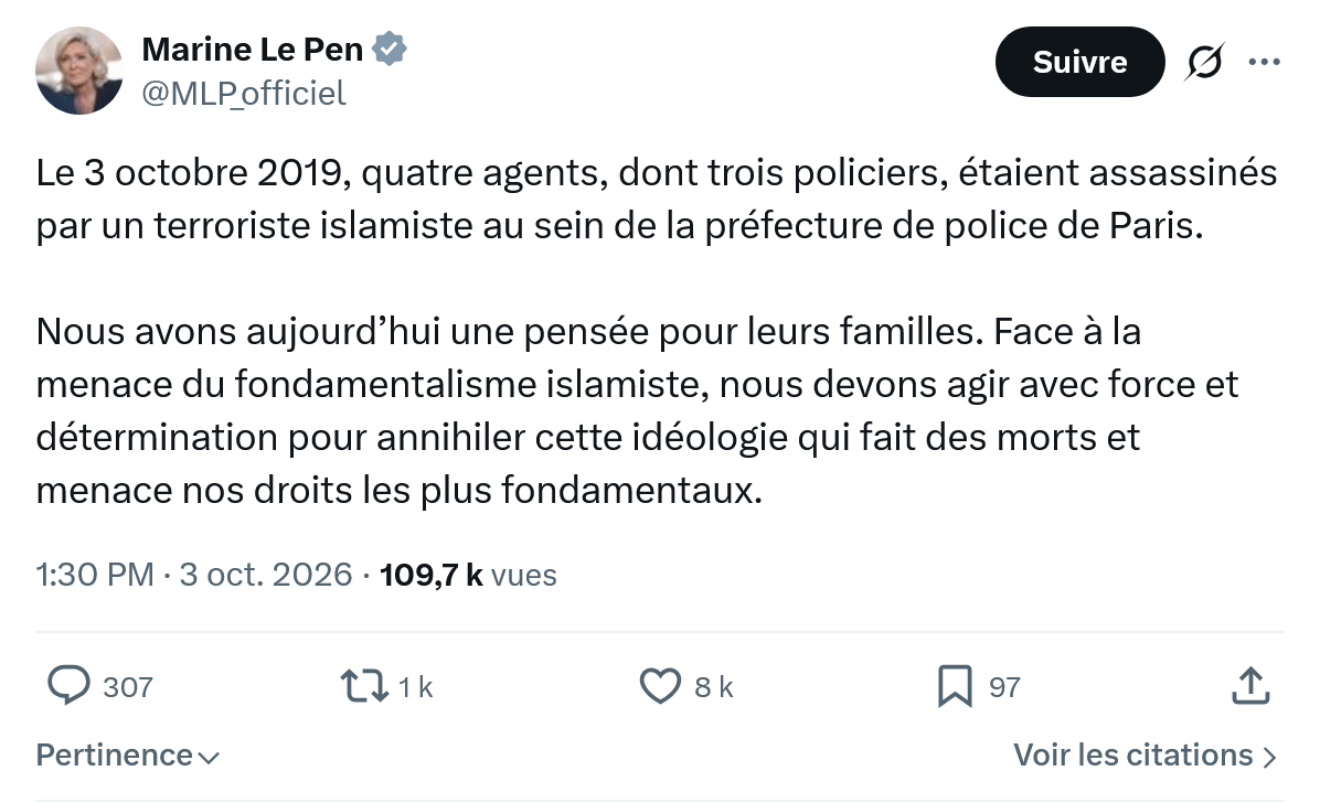 Marine Le Pen: Le 3 octobre 2019, quatre agents...