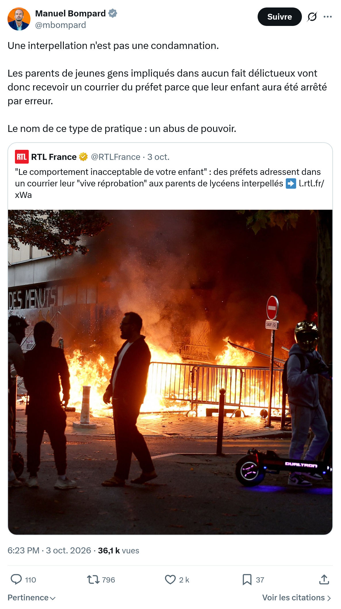 Manuel Bompard: Une interpellation n'est pas une condamnation...