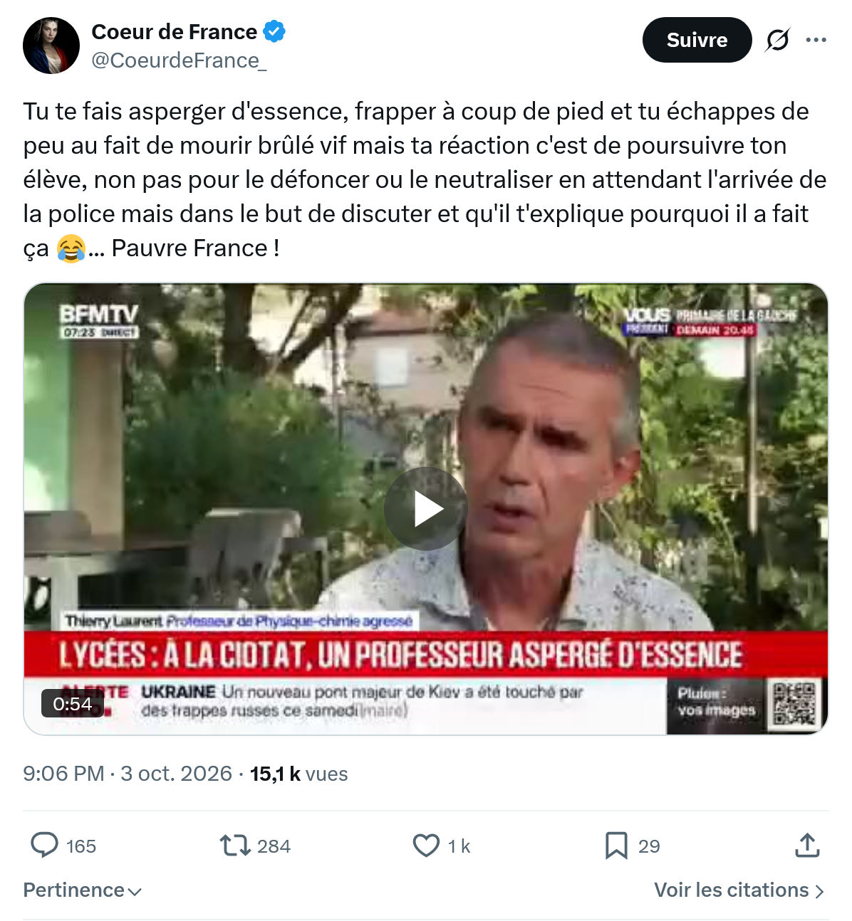 Coeur de France: Tu te fais asperger d'essence...