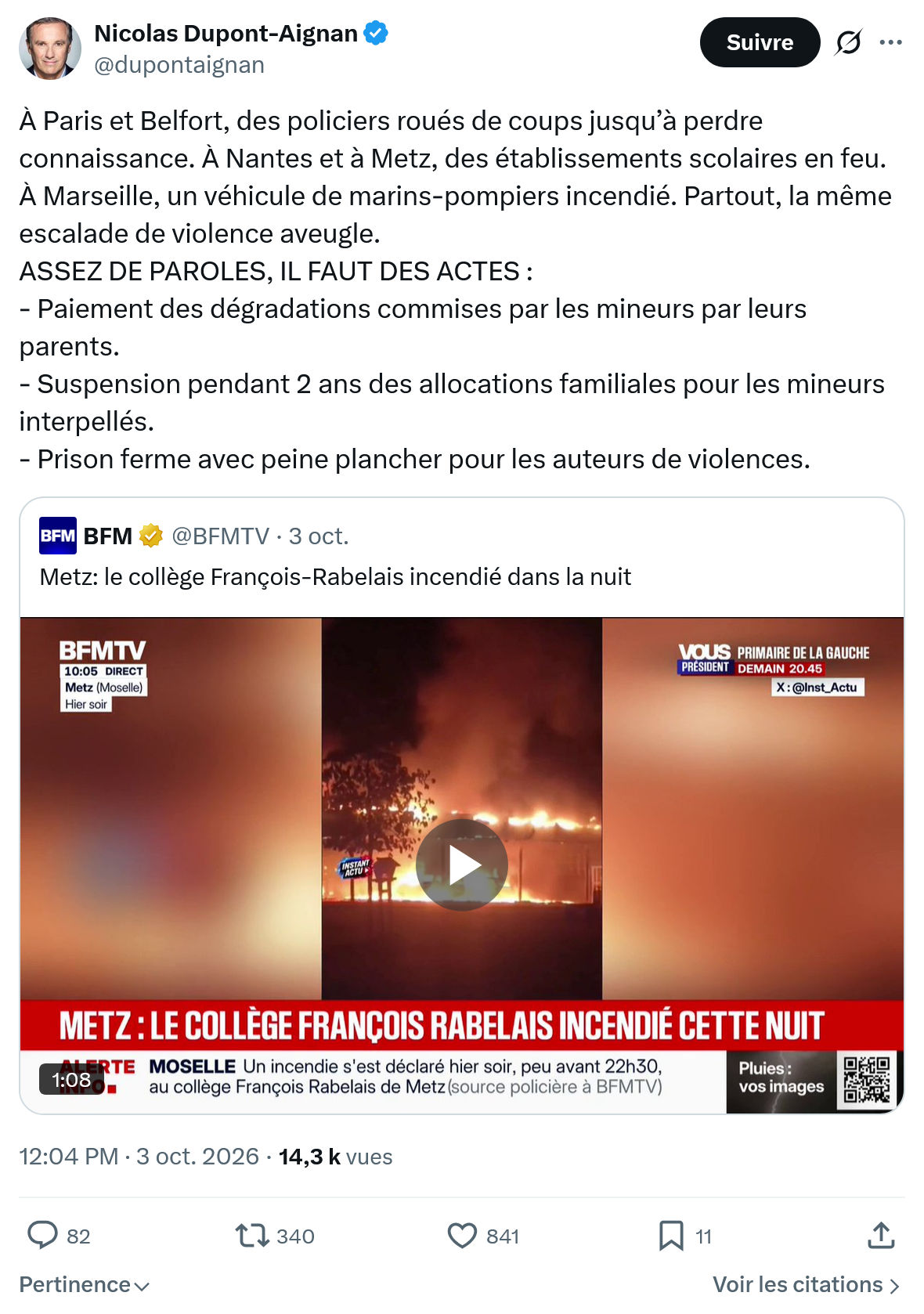 Nicolas Dupont-Aignan: À Paris et Belfort, des policiers...