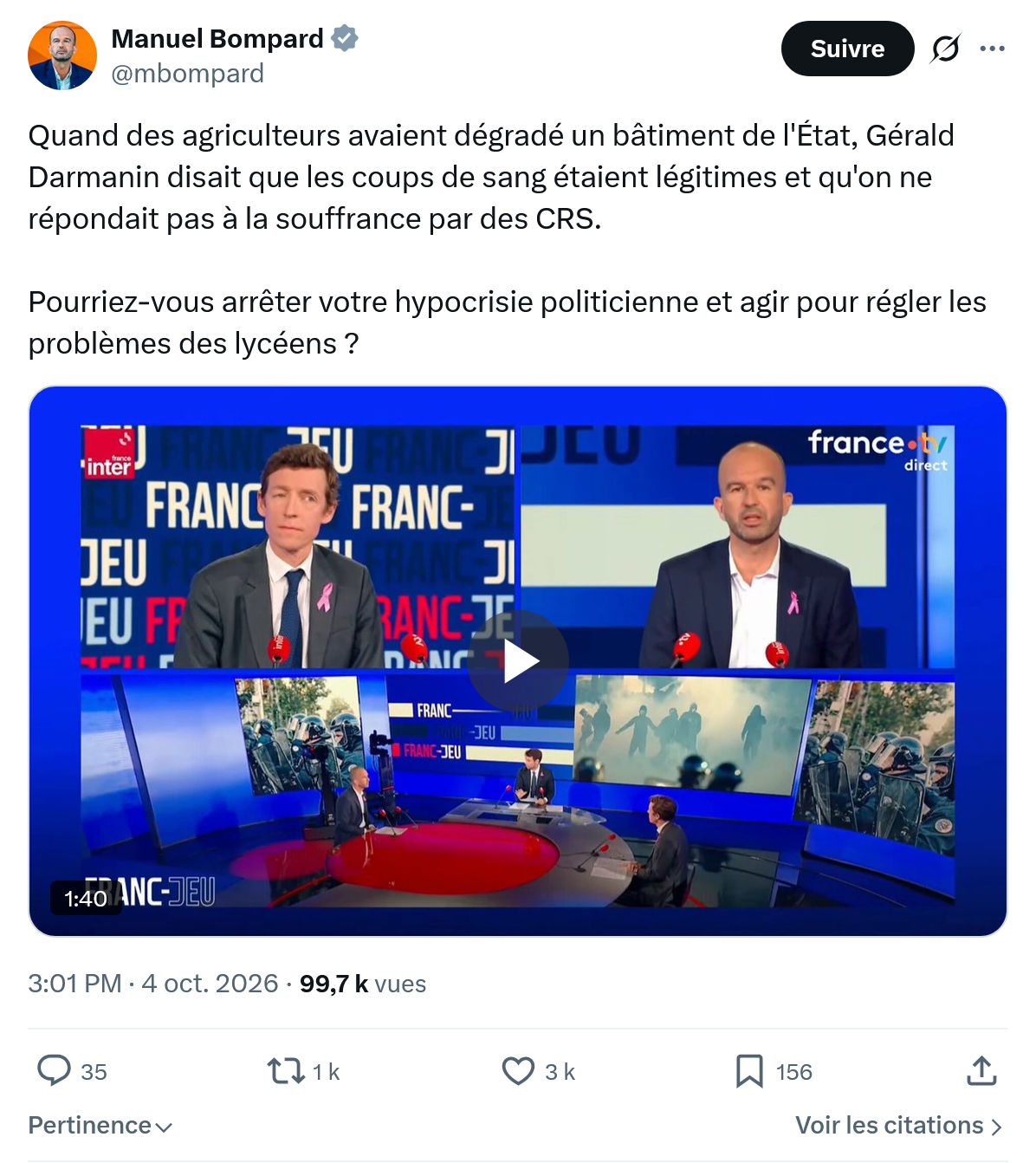 Manuel Bompard: Quand des agriculteurs avaient...