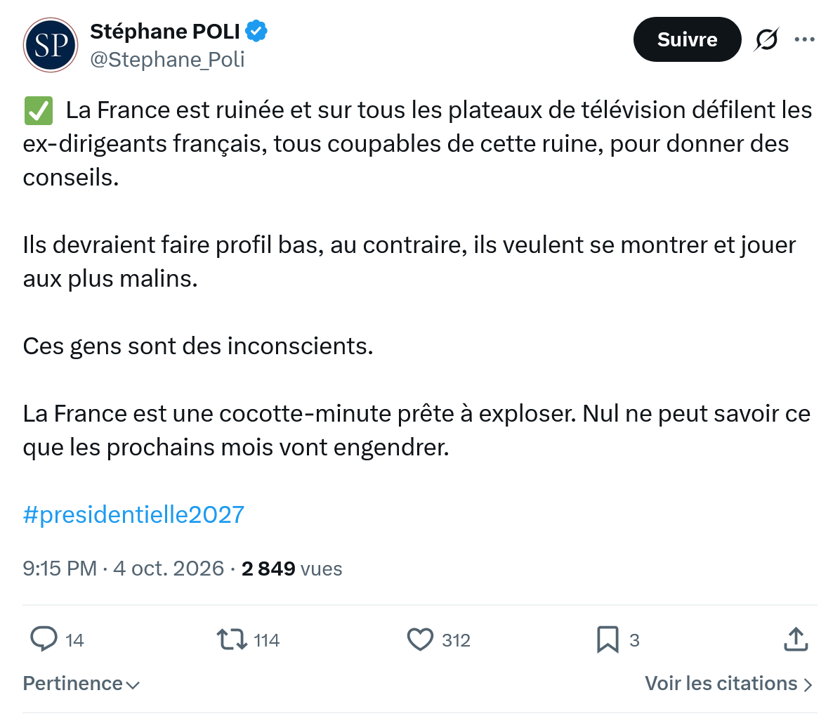 Stephane Poli: La France est ruinée et sur tous...