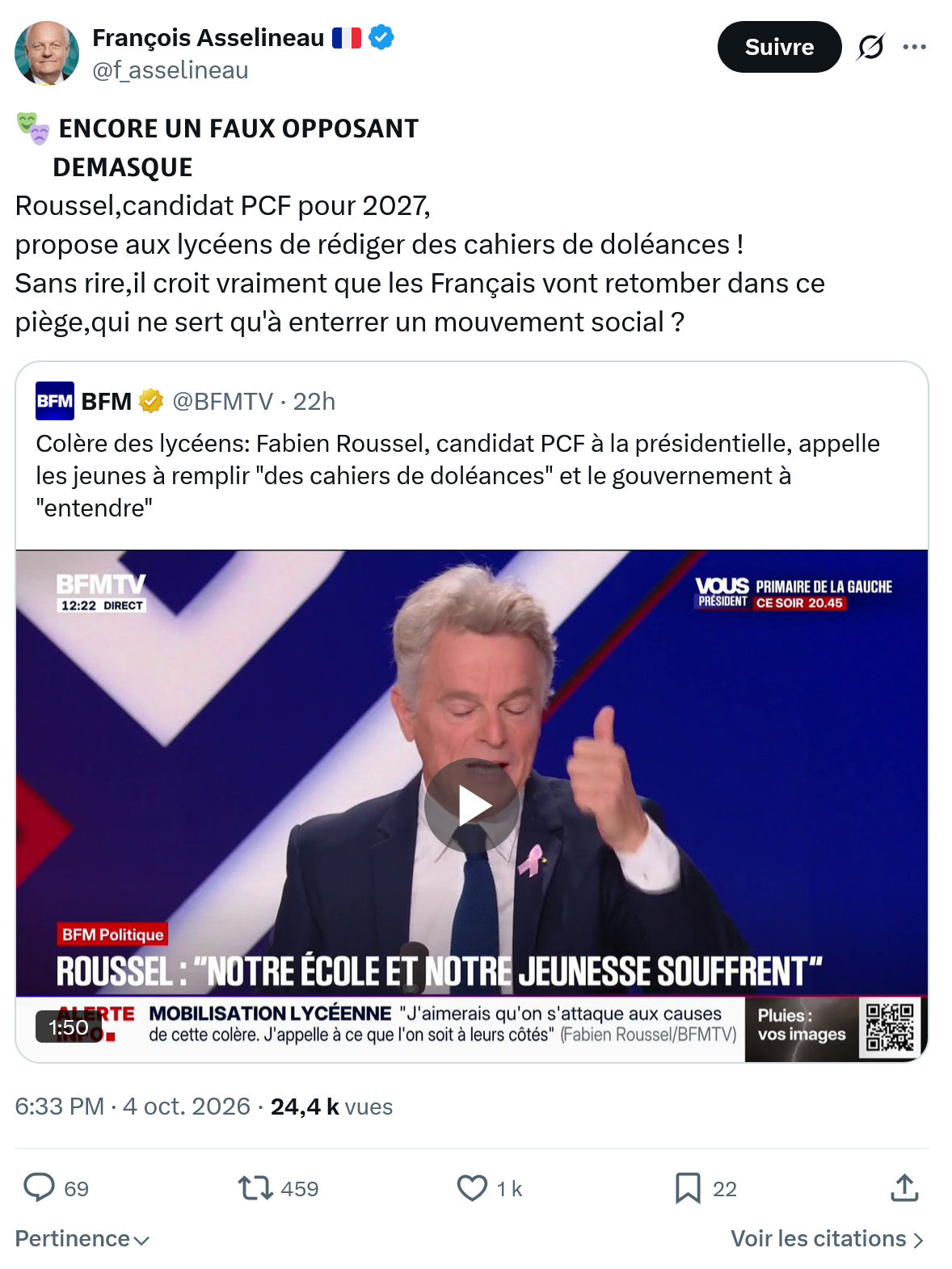 Francois Asselineau: 𝗘𝗡𝗖𝗢𝗥𝗘 𝗨𝗡 𝗙𝗔𝗨𝗫 𝗢𝗣𝗣𝗢𝗦𝗔𝗡𝗧...