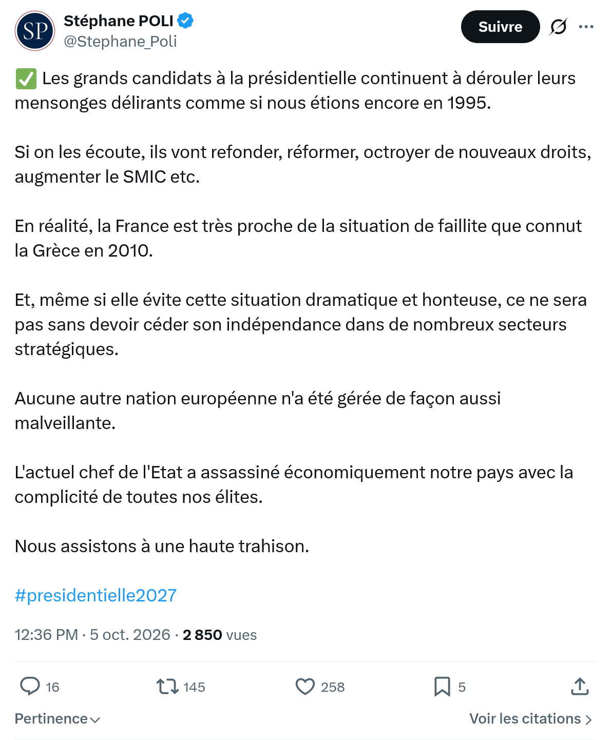 Stephane Poli: Les grands candidats à la présidentielle...