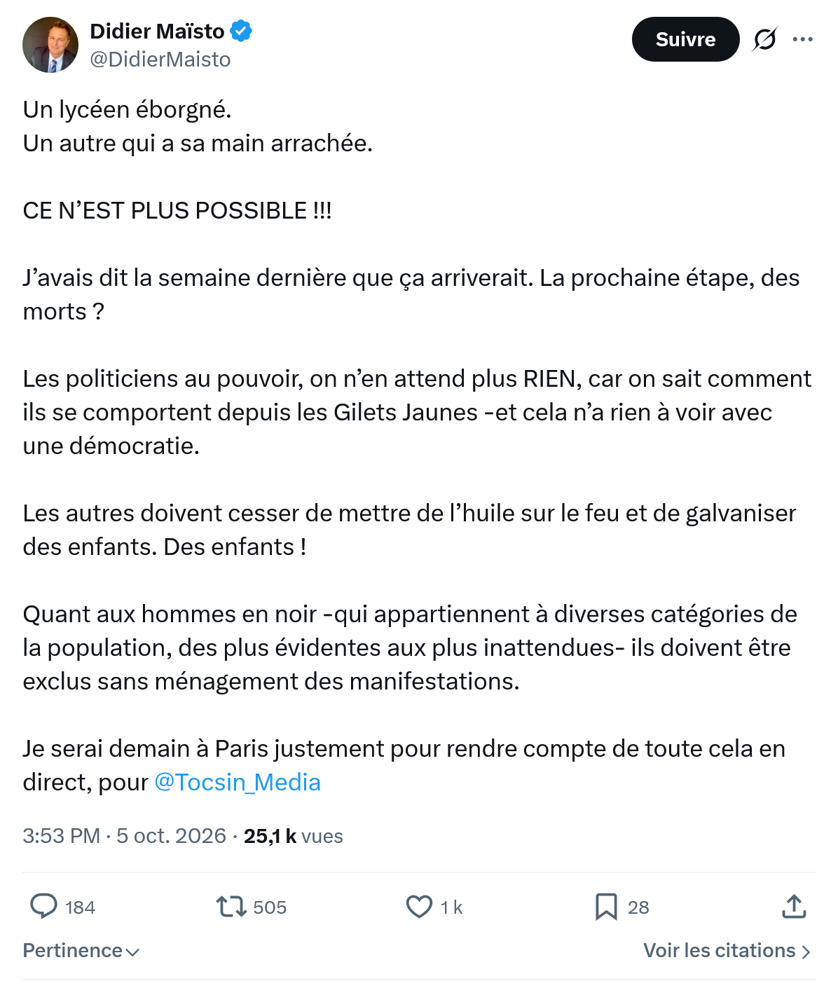 Didier Maïsto: Un lycéen éborgné...