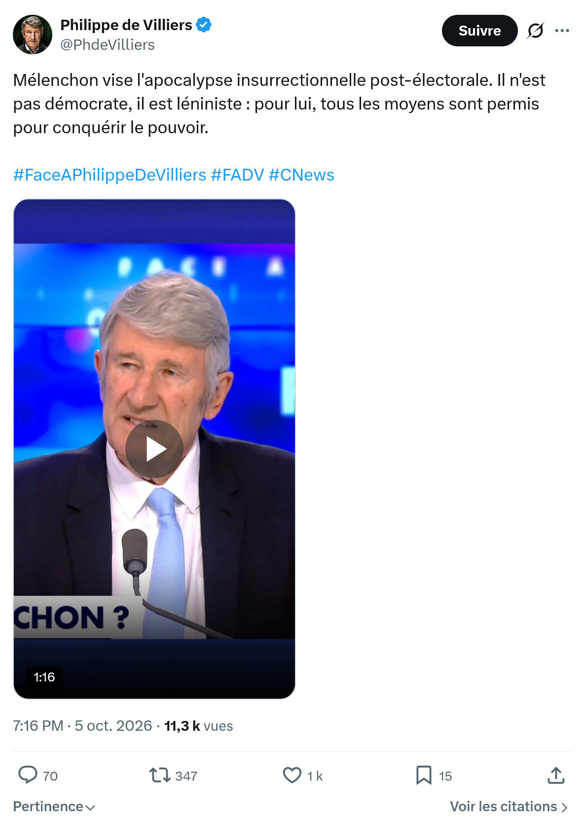 Philippe de Villiers: Mélenchon vise l'apocalypse...
