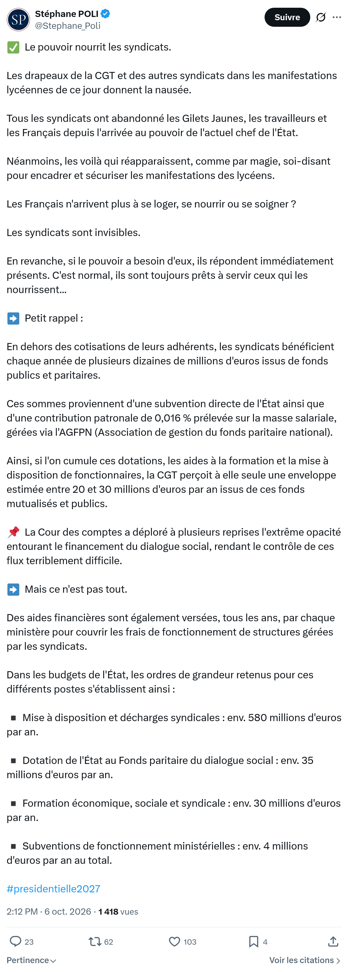 Stephane Poli: Le pouvoir nourrit les syndicats...