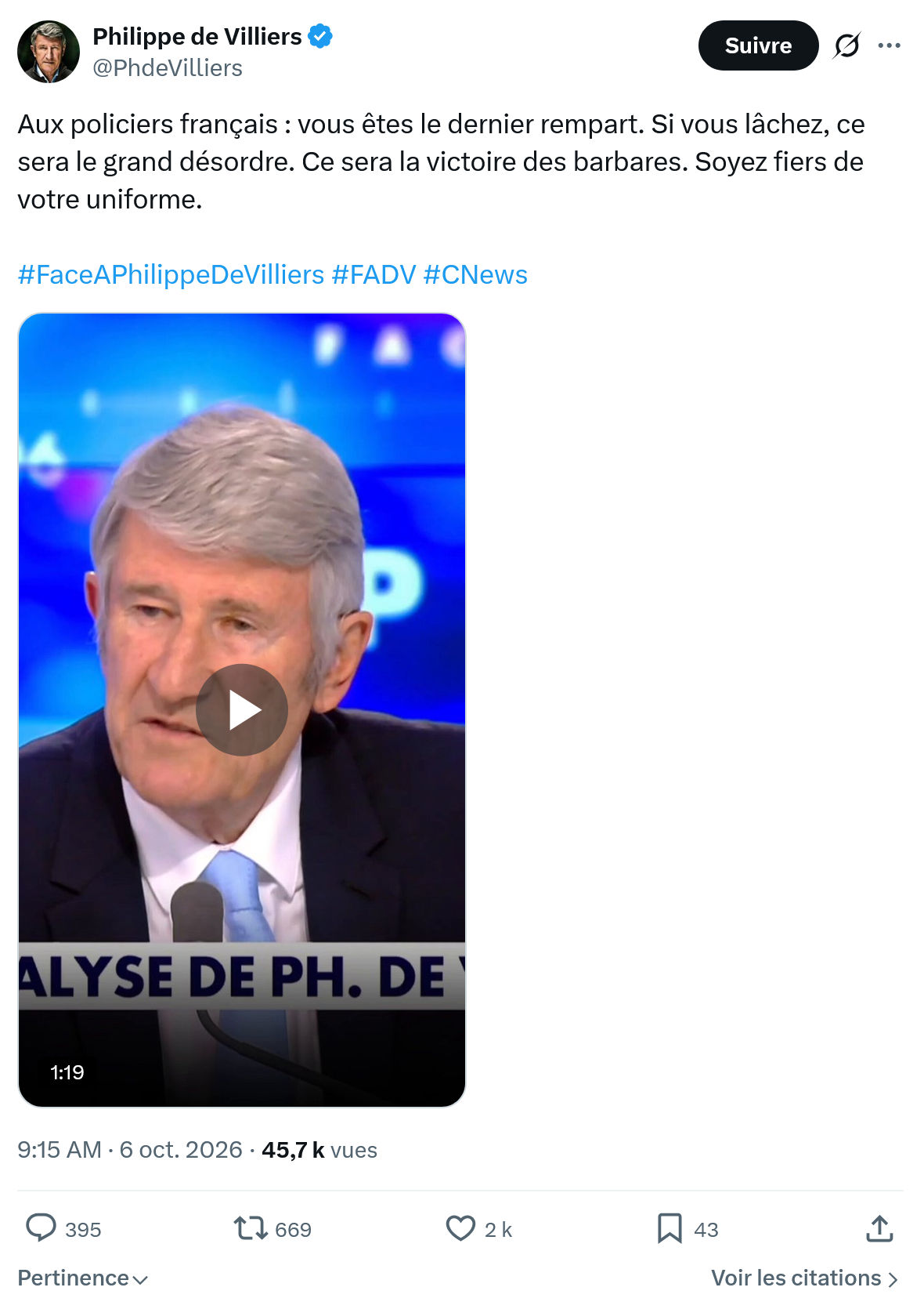 Philippe de Villiers: Aux policiers français...