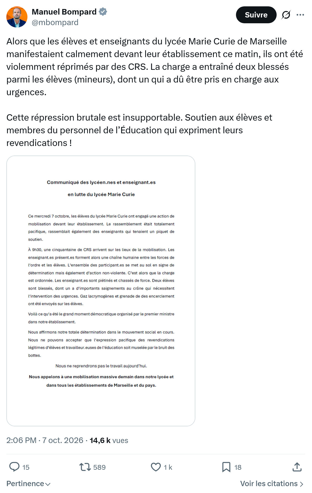 Manuel Bompard: Alors que les élèves et enseignants...
