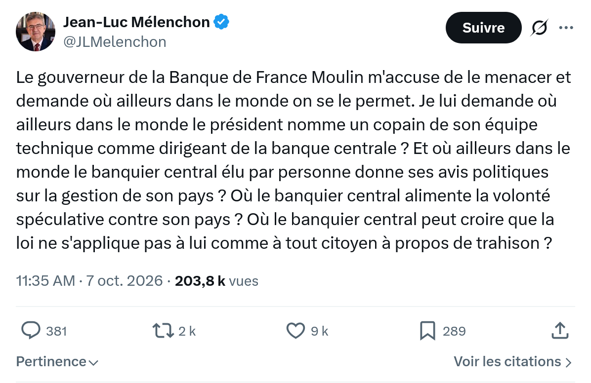 Jean-Luc Mélenchon: Le gouverneur de la Banque...