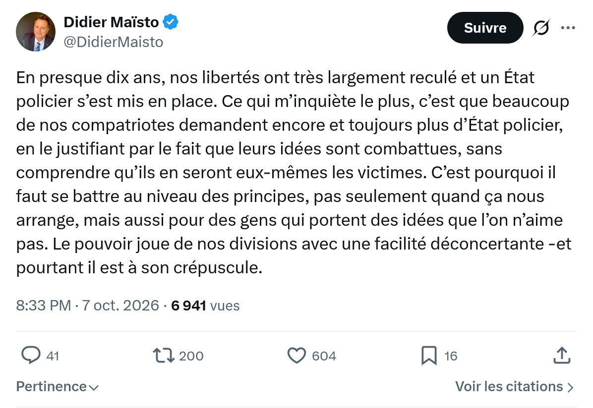Didier Maïsto: En presque dix ans, nos libertés...