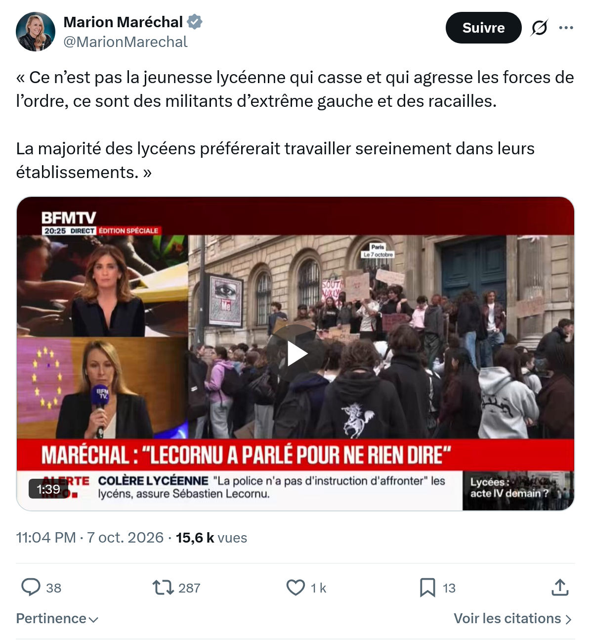 Marion Maréchal- Le Pen: « Ce n’est pas la jeunesse lycéenne...