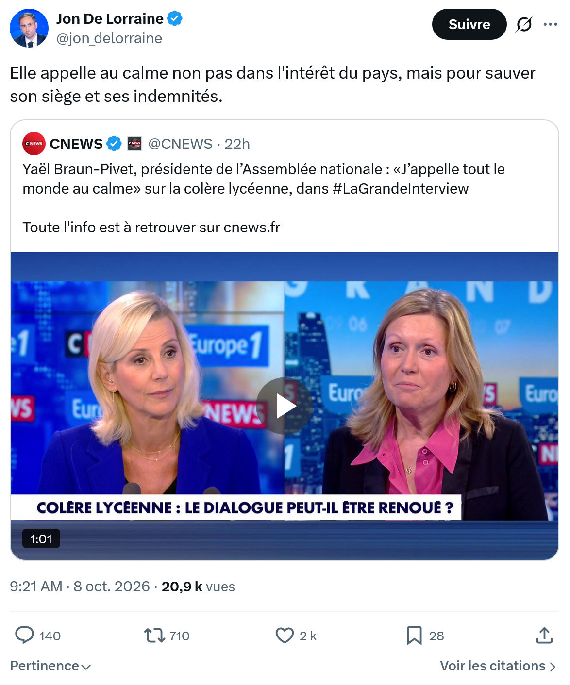 Jon De Lorraine: Elle appelle au calme...