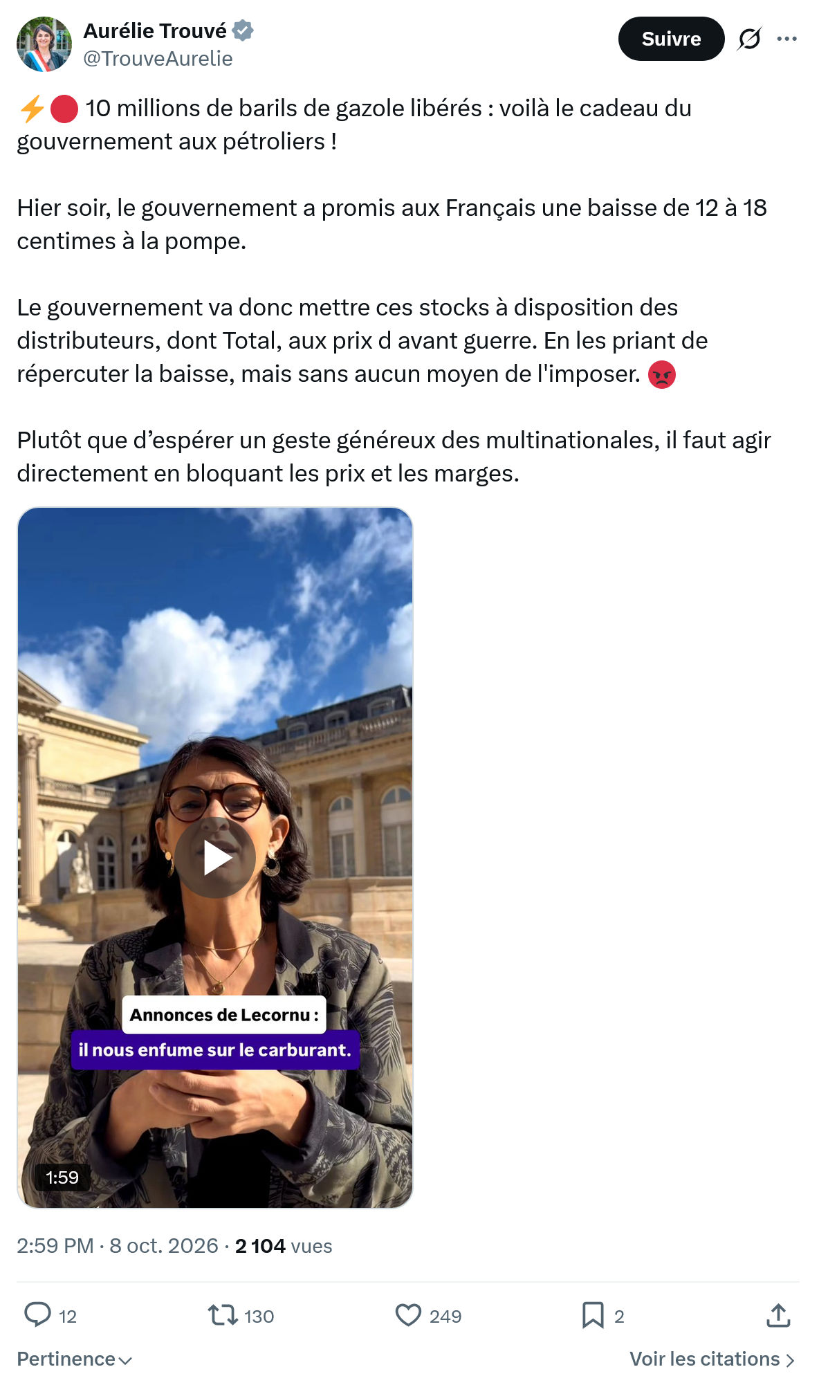 Aurélie Trouvé: 10 millions de barils de gazole...