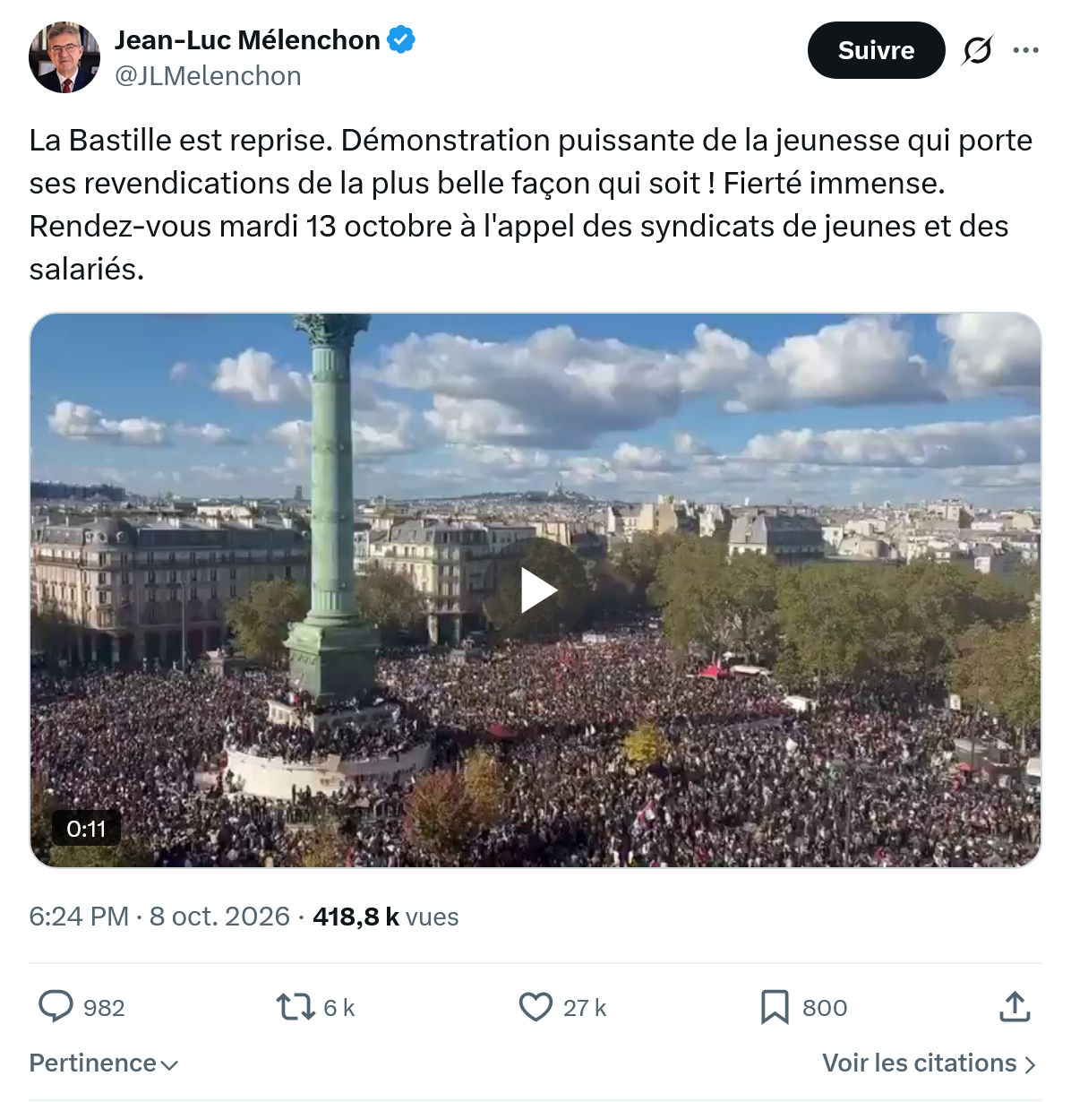 Jean-Luc Mélenchon: La Bastille est reprise...