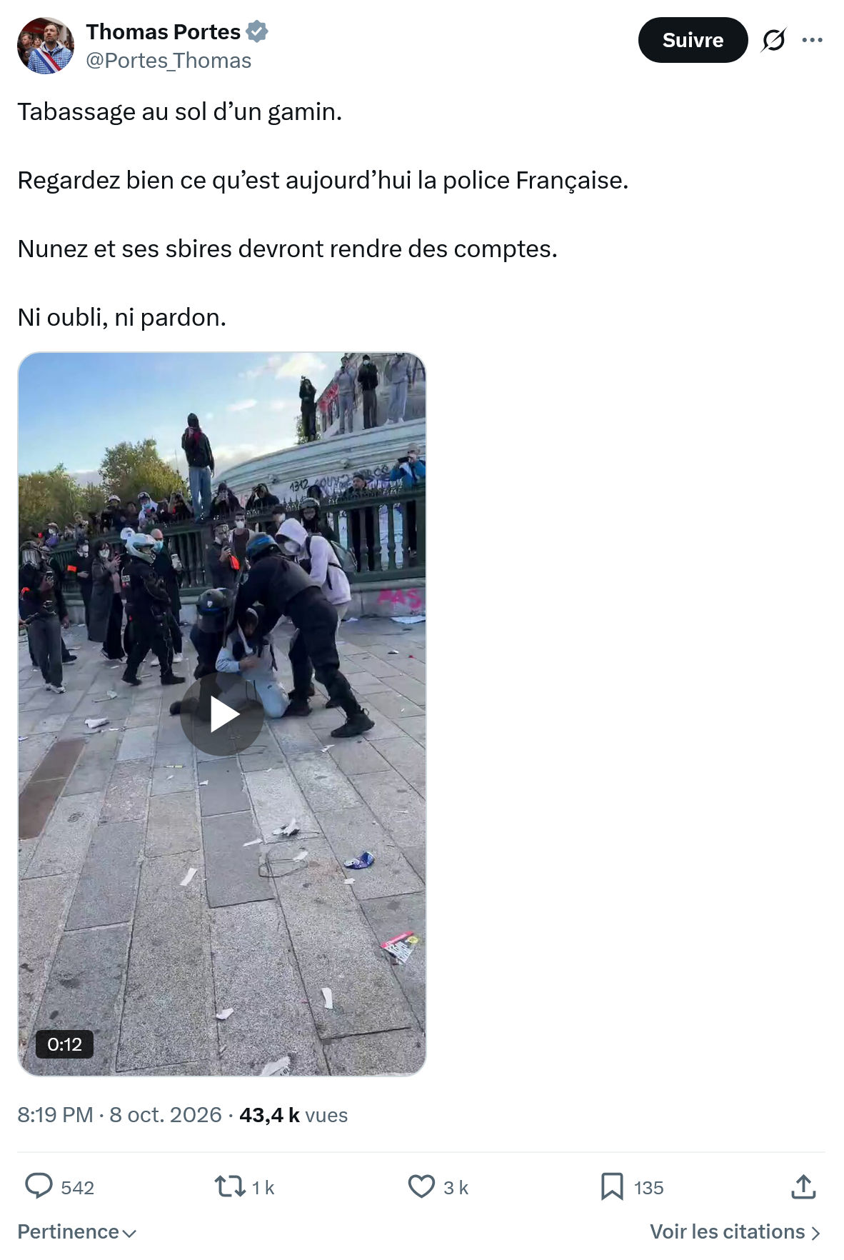 Thomas Portes: Tabassage au sol d’un gamin...