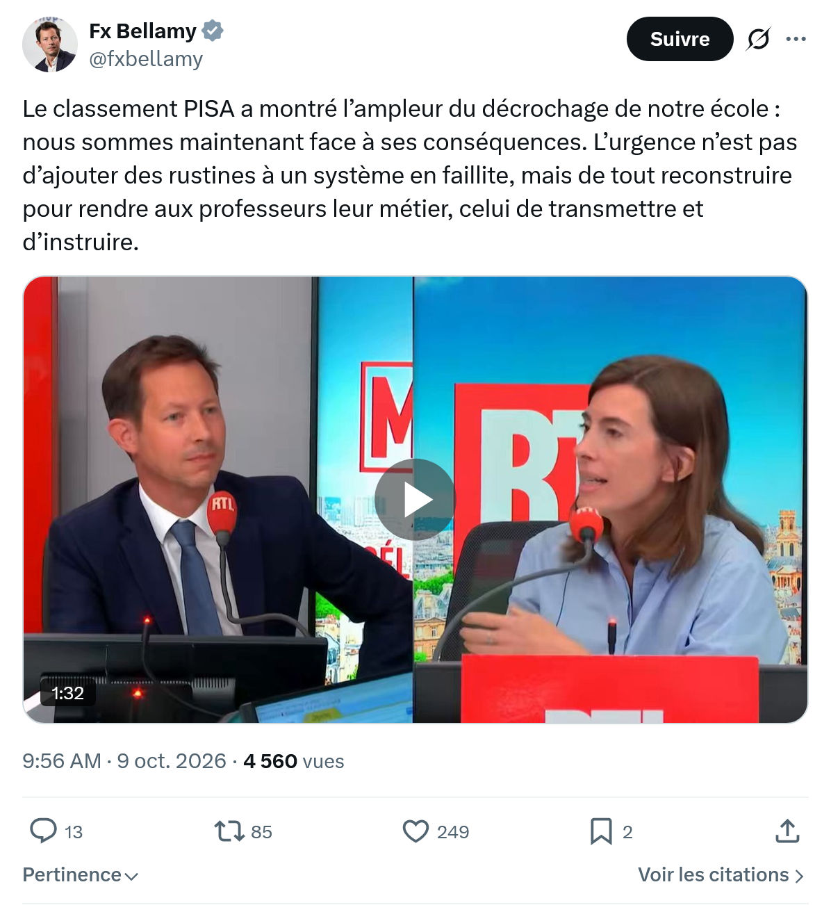 Fx Bellamy: Le classement PISA a montré l’ampleur...