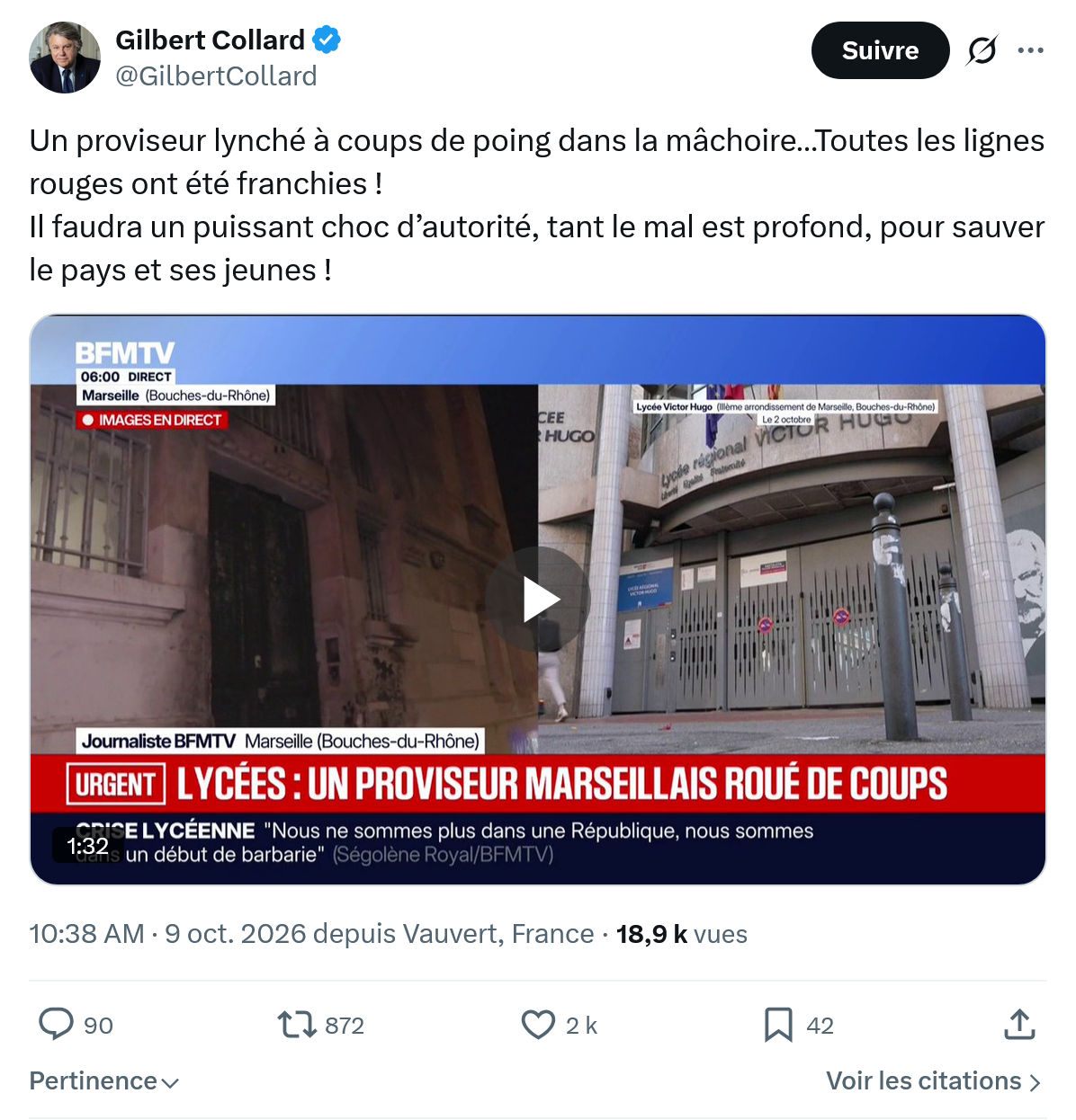 Gilbert Collard: Un proviseur lynché à coups...