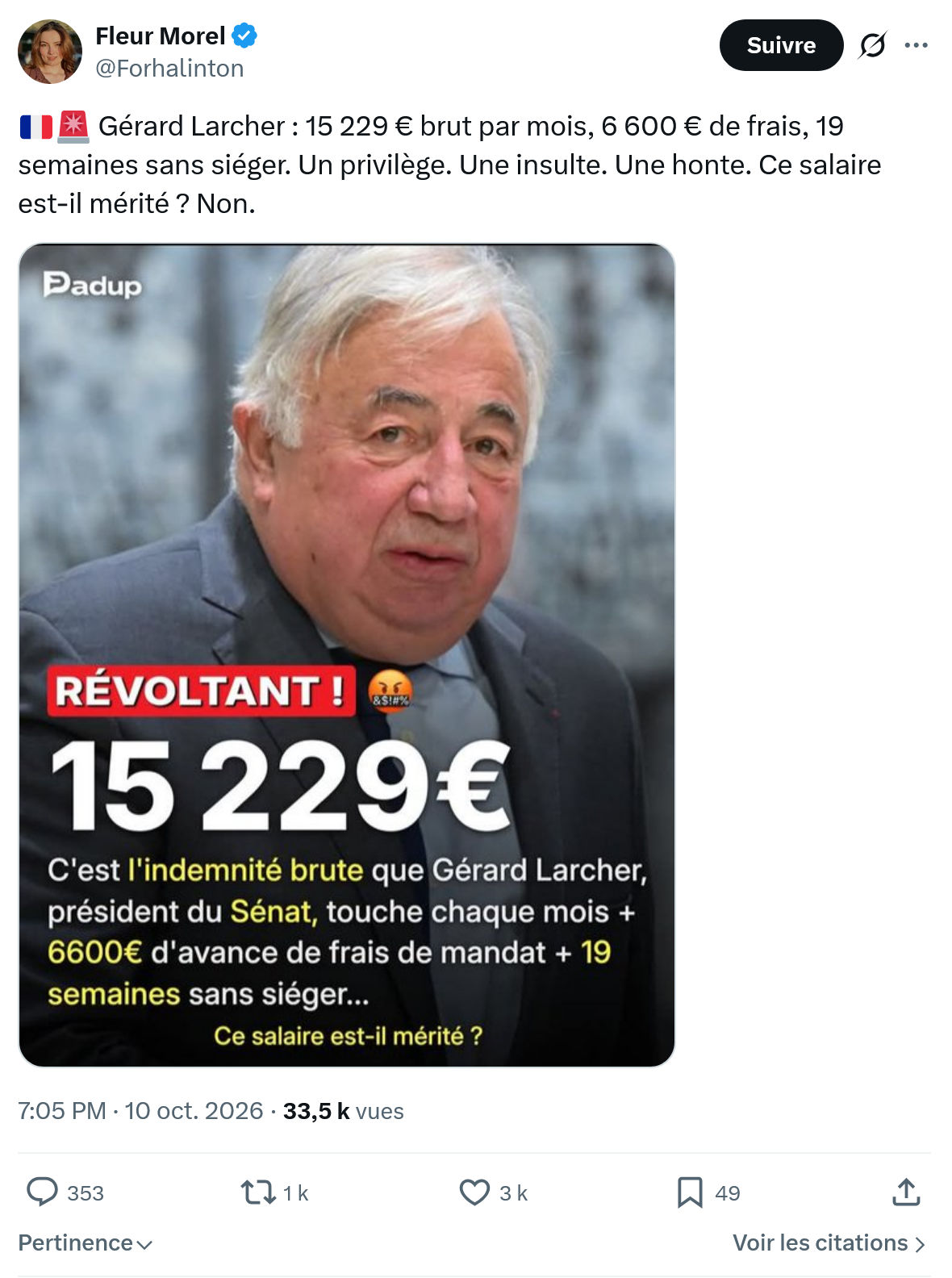 Fleur Morel: Gérard Larcher : 15 229 €...