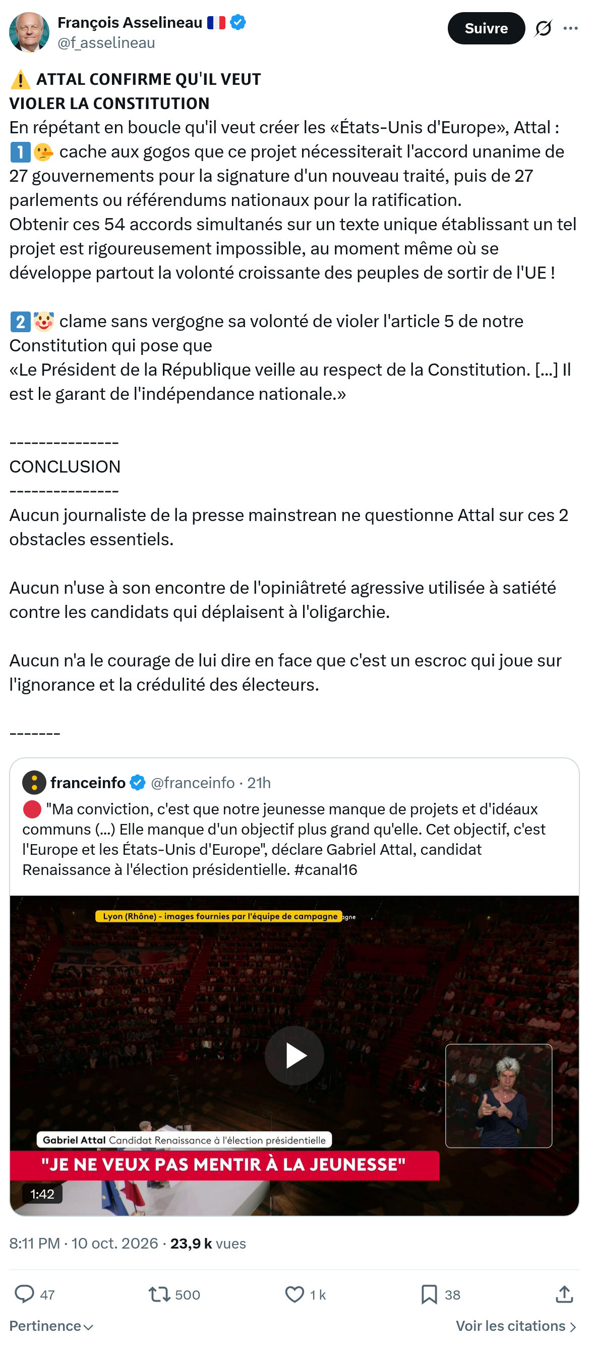 Francois Asselineau: En répétant en boucle...