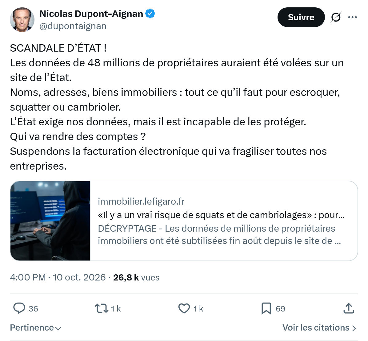 Nicolas Dupont-Aignan: Les données de 48 millions...