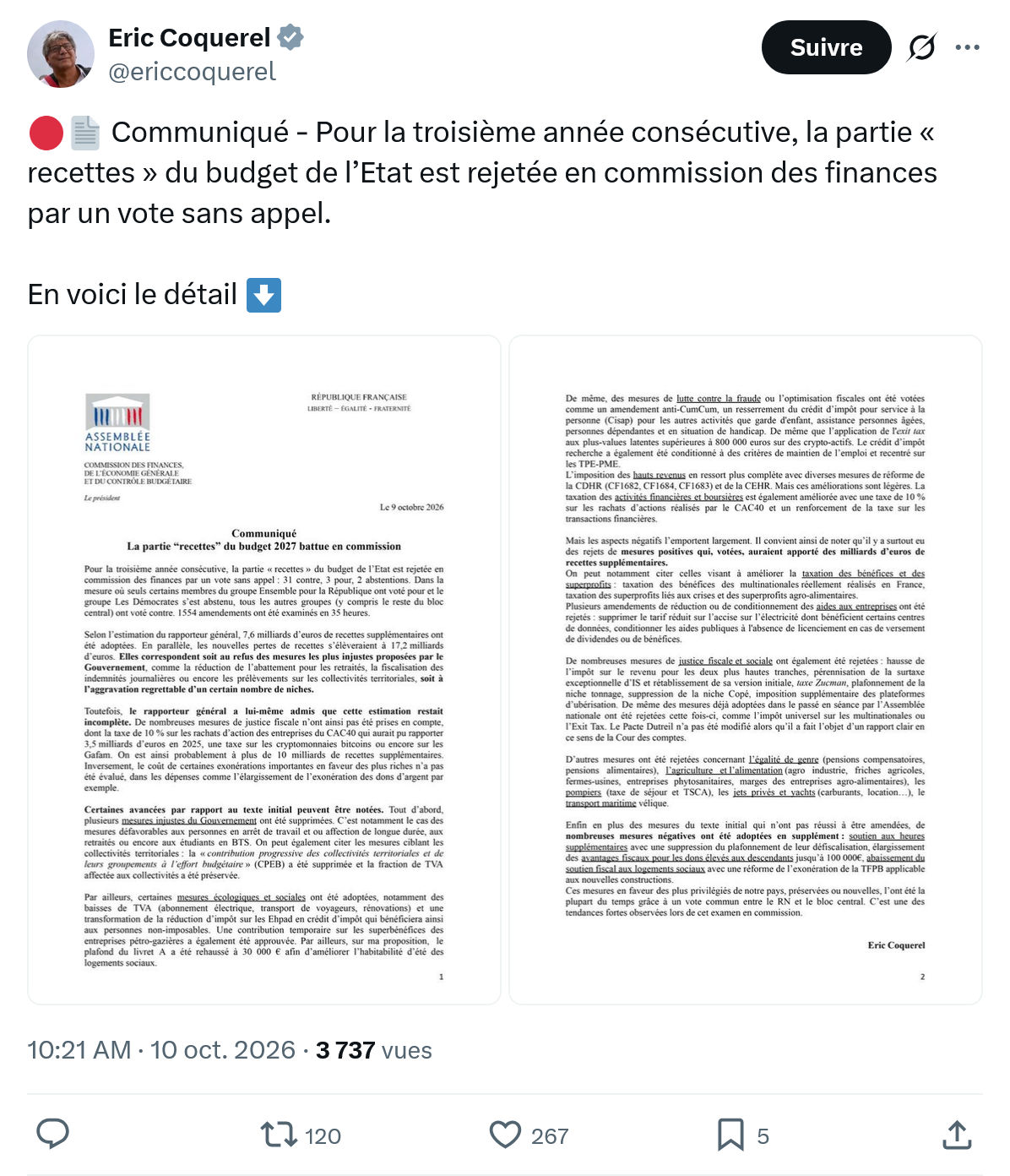 Eric Coquerel: Communiqué - Pour la troisième...