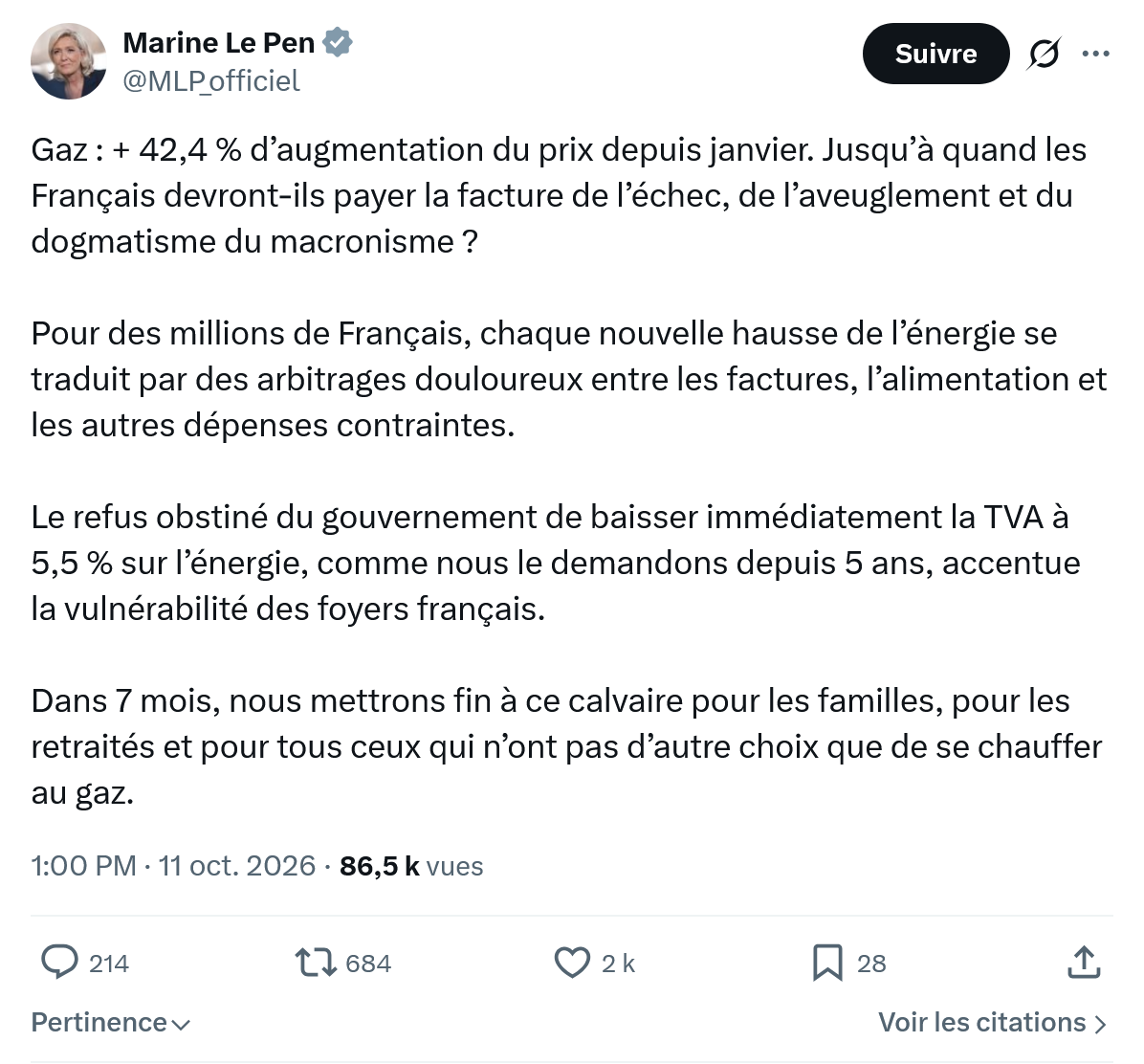 Marine Le Pen: Gaz : + 42,4 % d’augmentation...