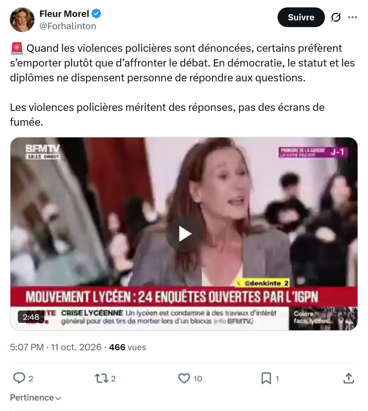 Fleur Morel: Quand les violences policières...