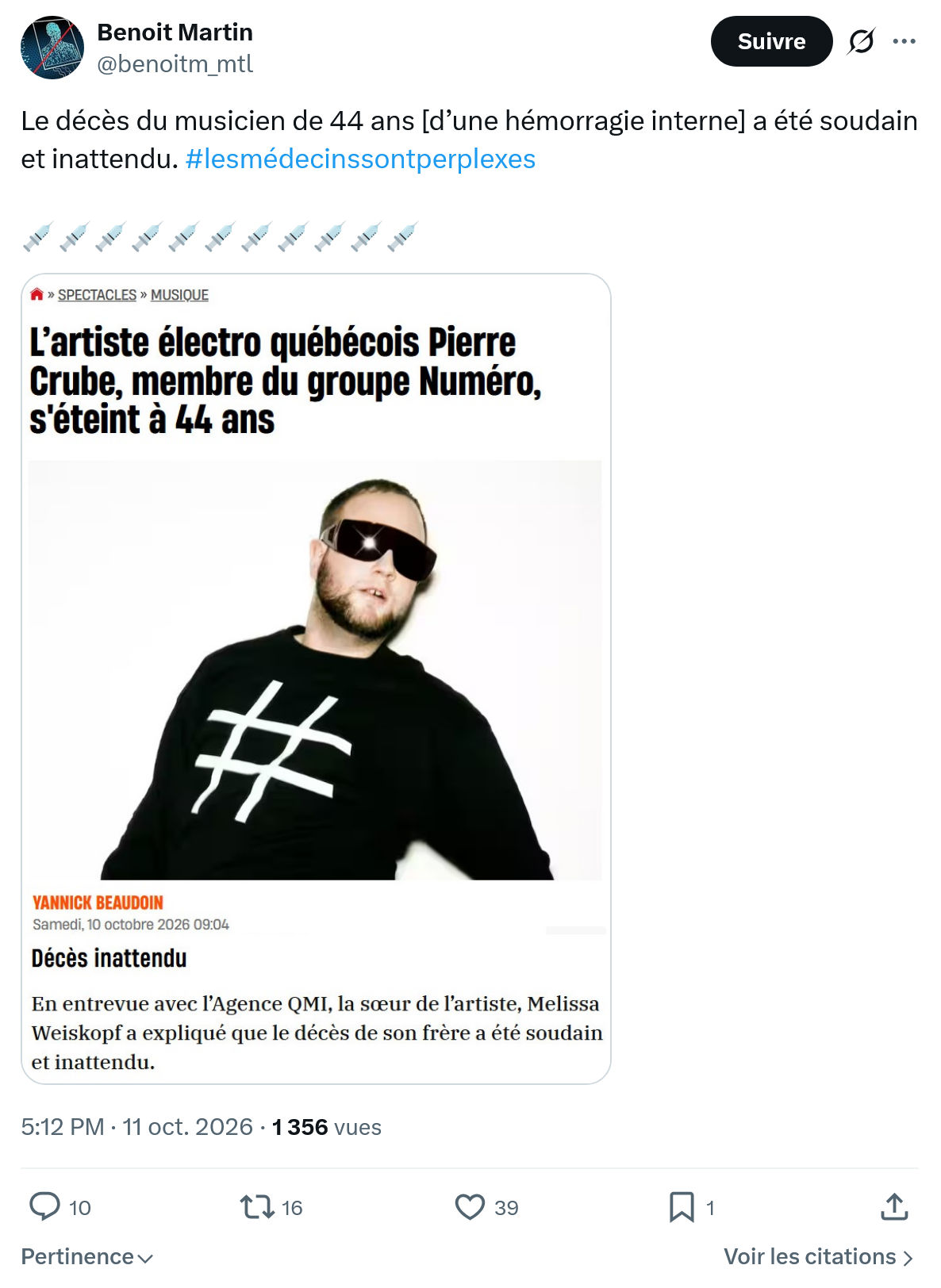 Benoît Martin: Le décès du musicien...