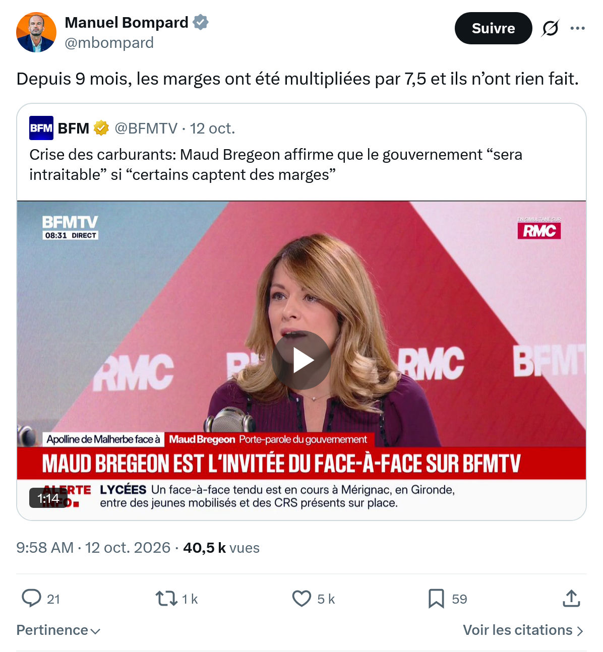Manuel Bompard: Depuis 9 mois, les marges...