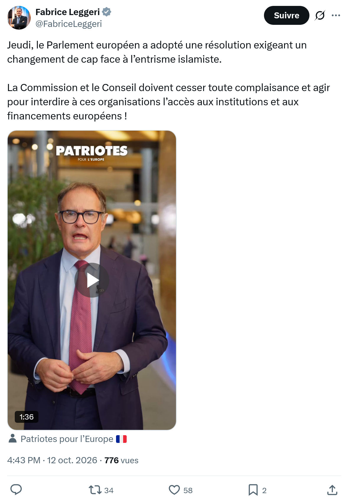 Fabrice Leggeri: Jeudi, le Parlement européen...