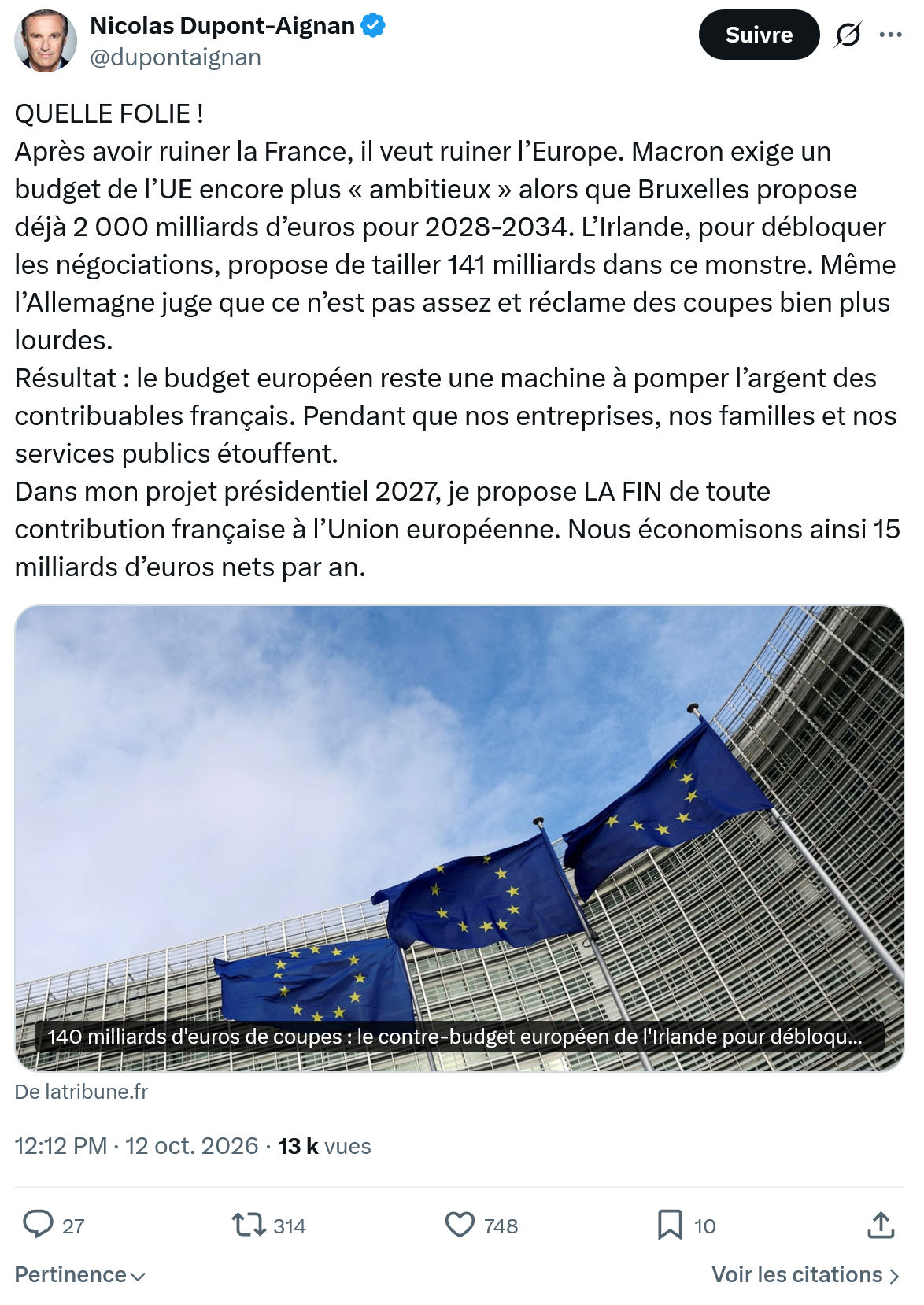 Nicolas Dupont-Aignan: Après avoir ruiner la France...
