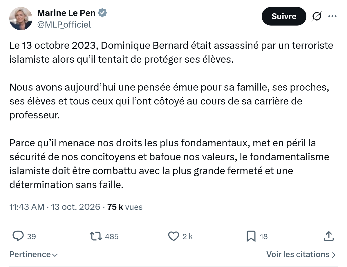 Marine Le Pen: Le 13 octobre 2023, Dominique Bernard...