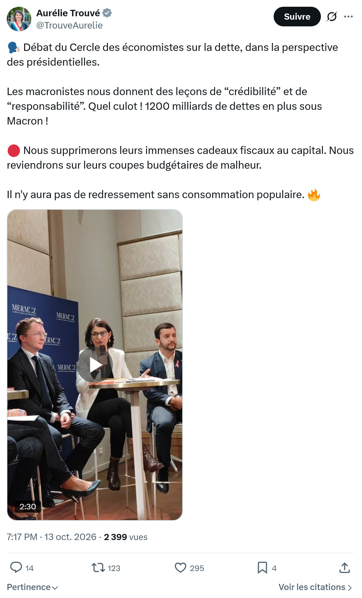 Aurélie Trouvé: Débat du Cercle des économistes...