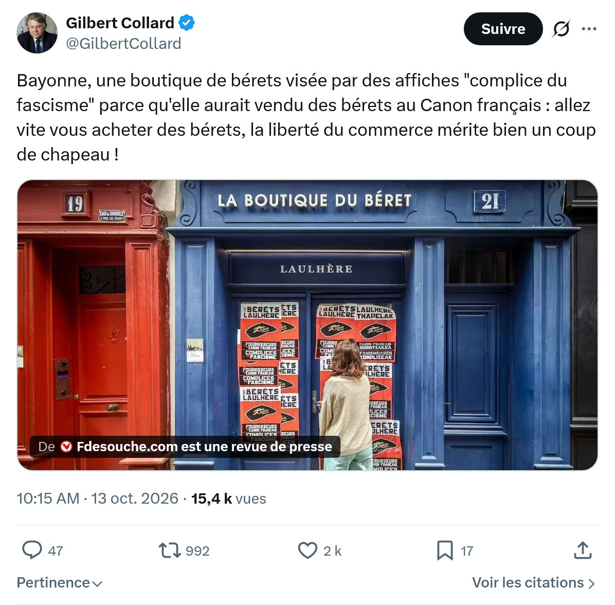 Gilbert Collard: Bayonne, une boutique de bérets...