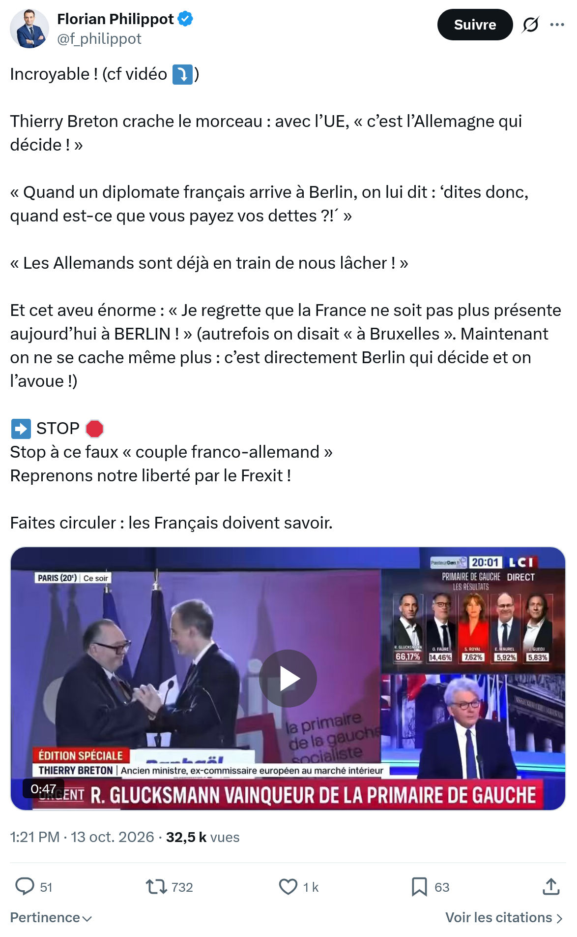 Florian Philippot: Thierry Breton crache le morceau...
