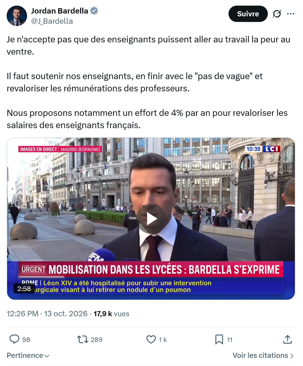 Jordan Bardella: Je n'accepte pas que des enseignants...