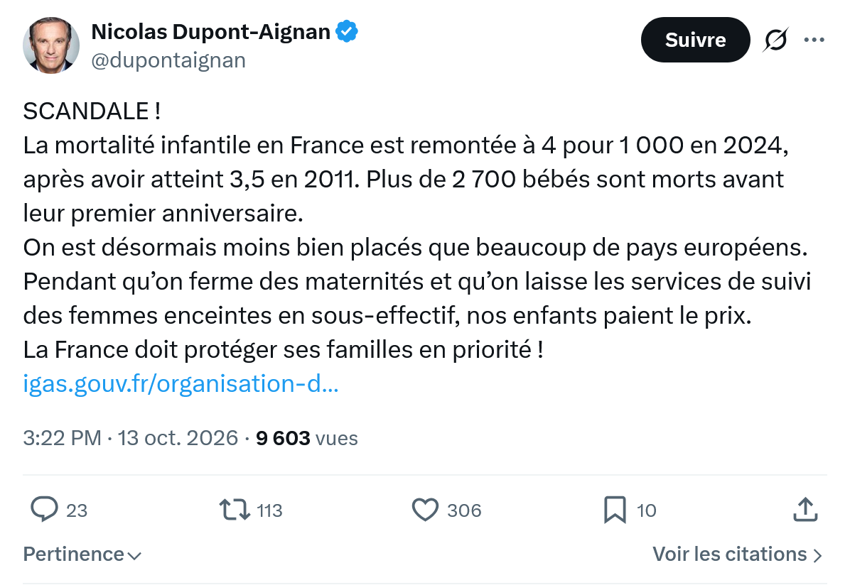Nicolas Dupont-Aignan: La mortalité infantile en France...
