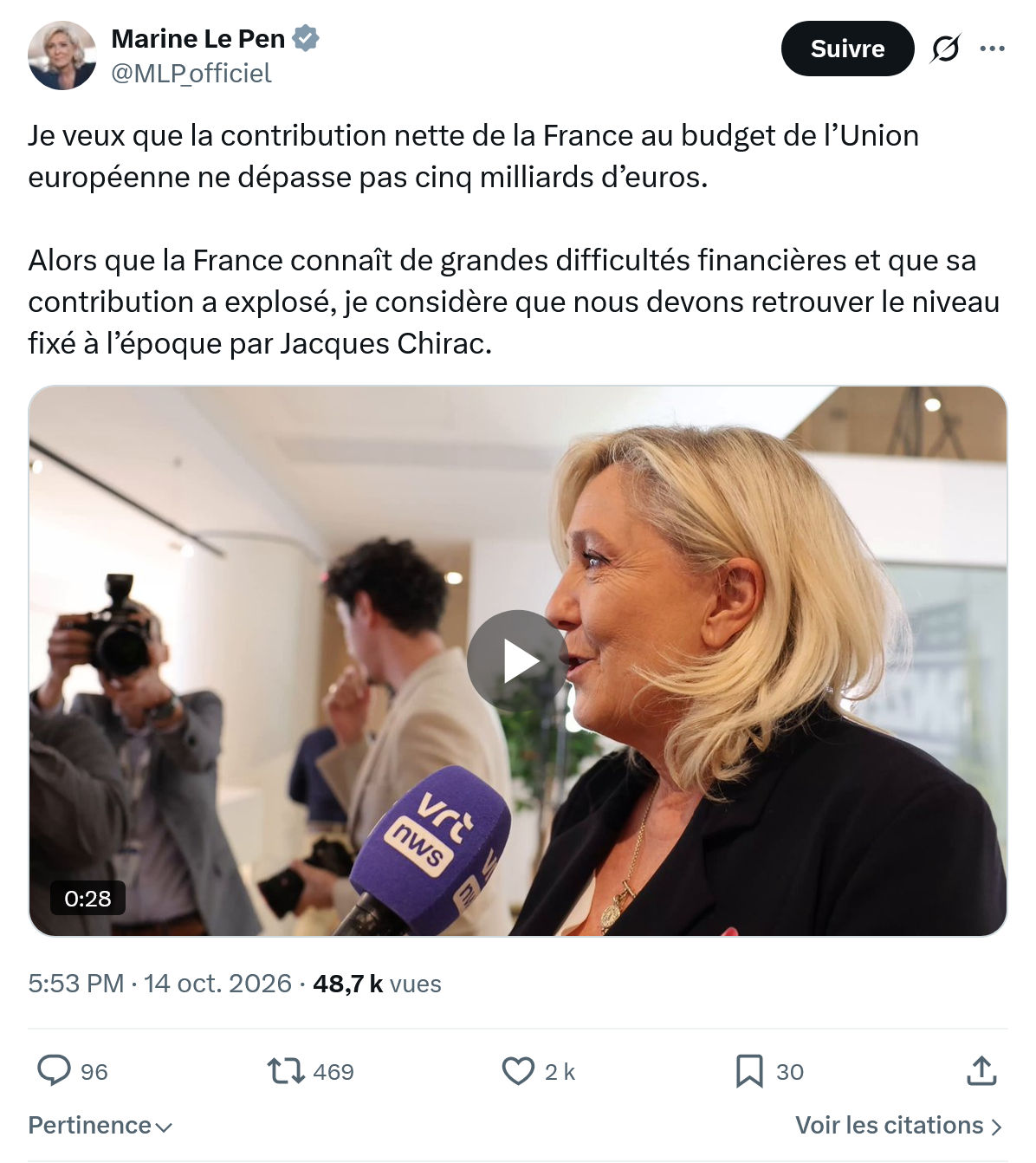 Marine Le Pen: Je veux que la contribution...