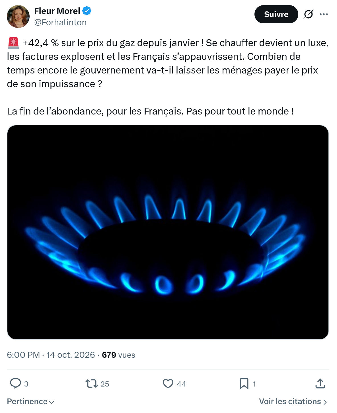 Fleur Morel: +42,4 % sur le prix du gaz...