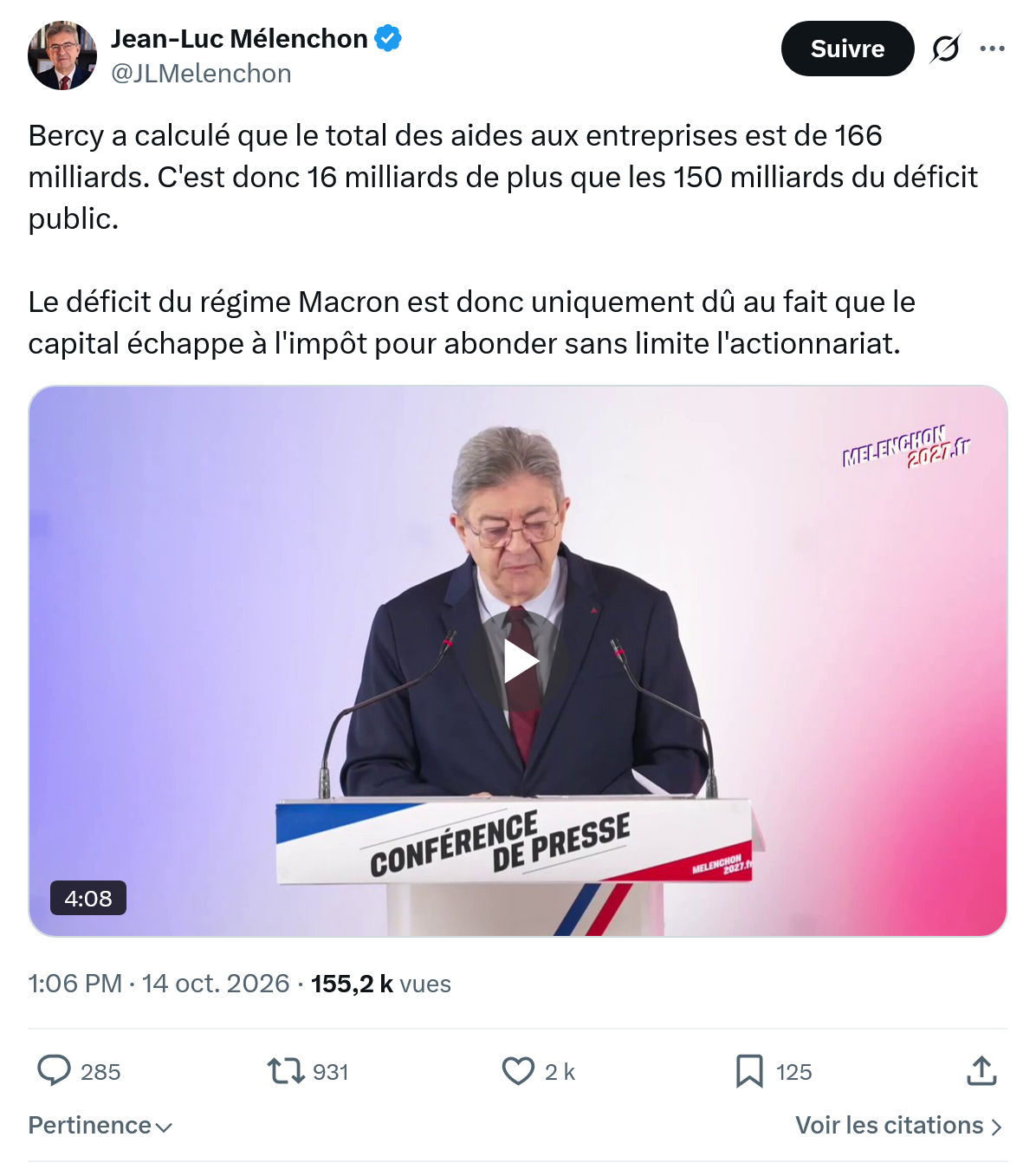 Jean-Luc Mélenchon: Bercy a calculé que le total...