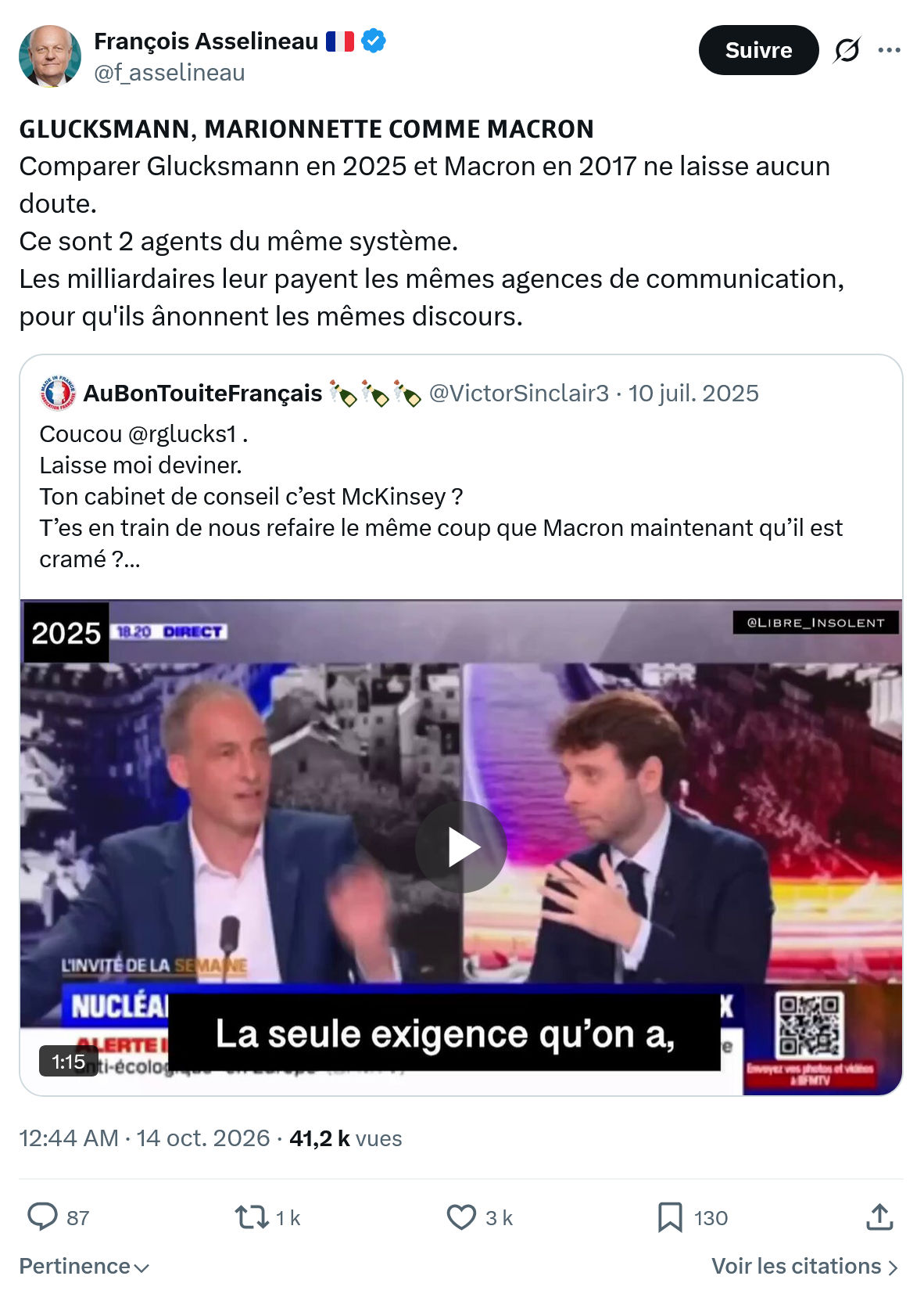 Francois Asselineau: 𝗚𝗟𝗨𝗖𝗞𝗦𝗠𝗔𝗡𝗡, 𝗠𝗔𝗥𝗜𝗢𝗡𝗡𝗘𝗧𝗧𝗘...