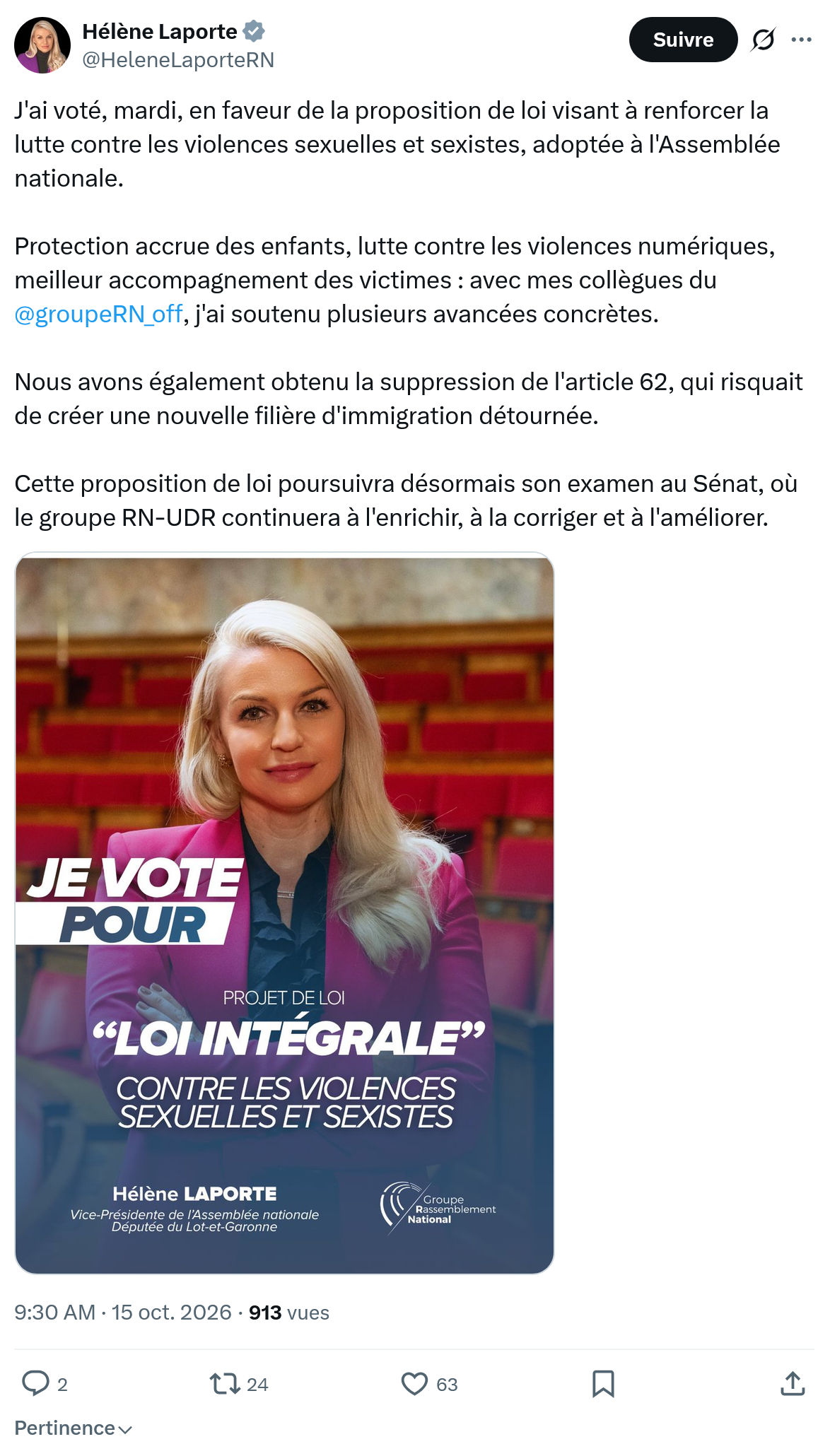 Hélène Laporte: J'ai voté, mardi, en faveur...