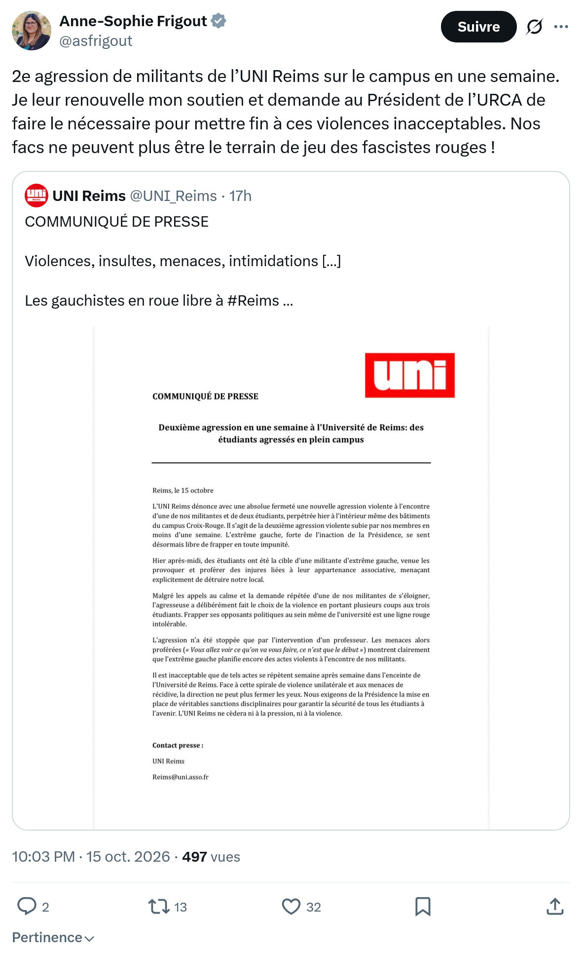 Anne-Sophie Frigout: 2e agression de militants...