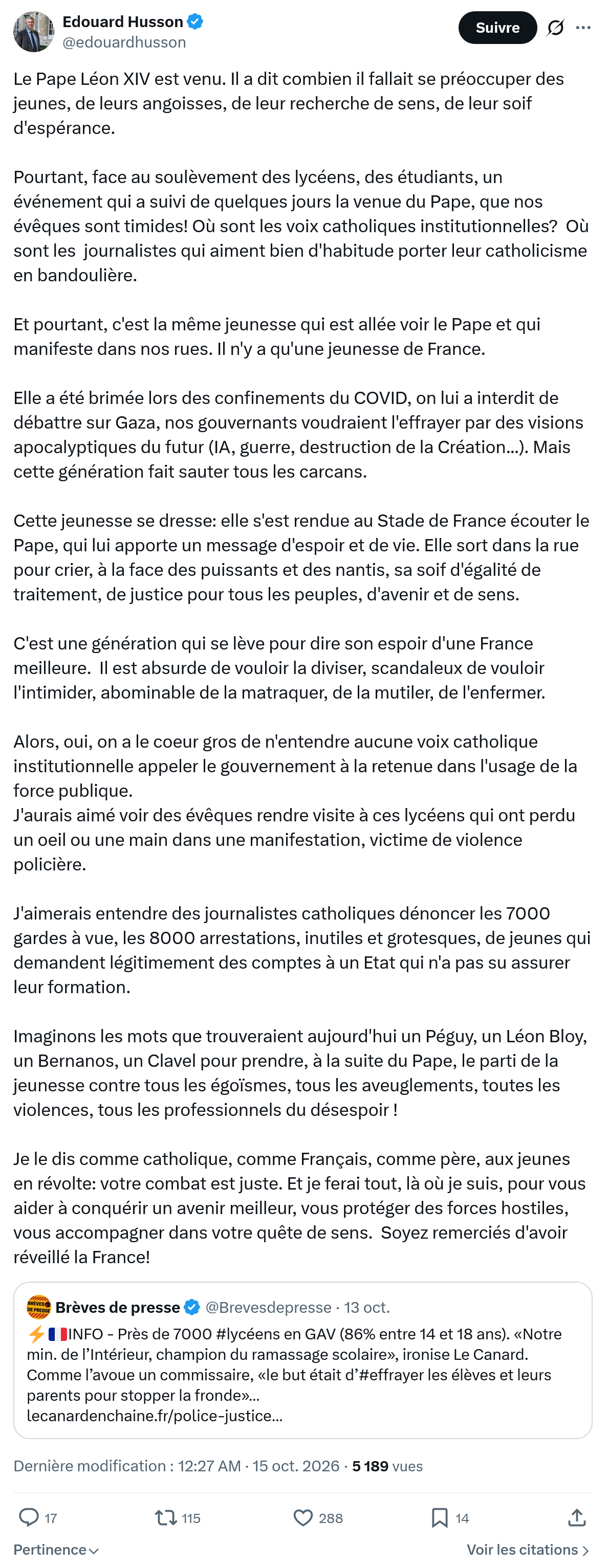 Édouard Husson: Le Pape Léon XIV est venu...
