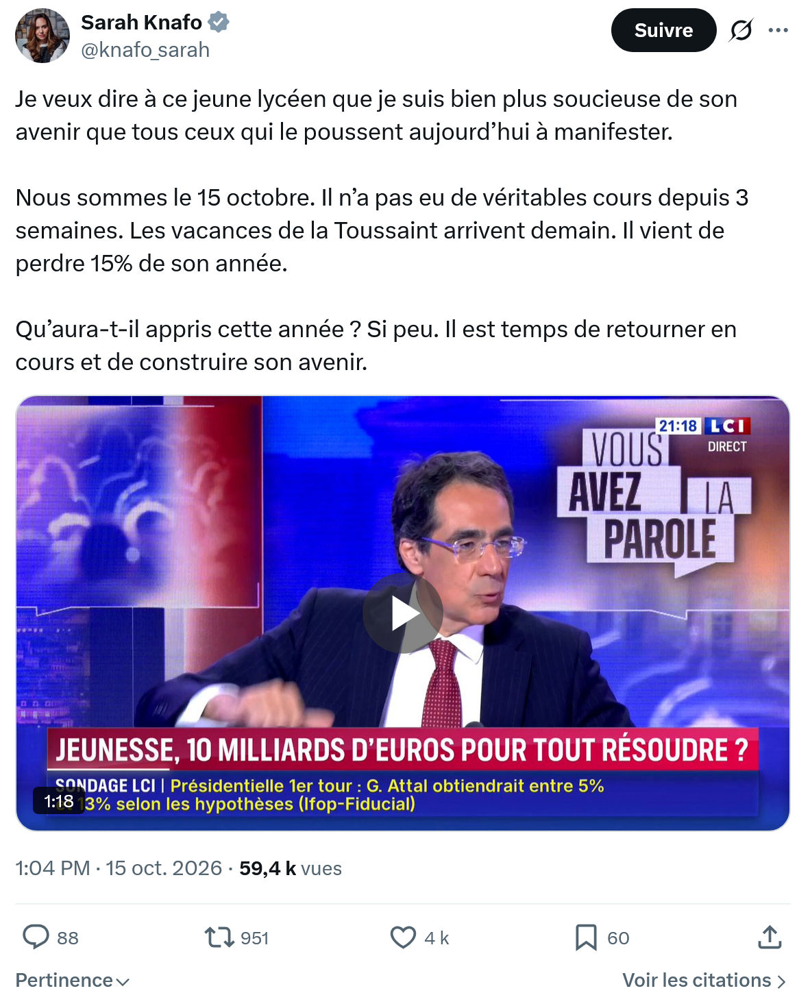 Sarah Knafo: Je veux dire à ce jeune lycéen...